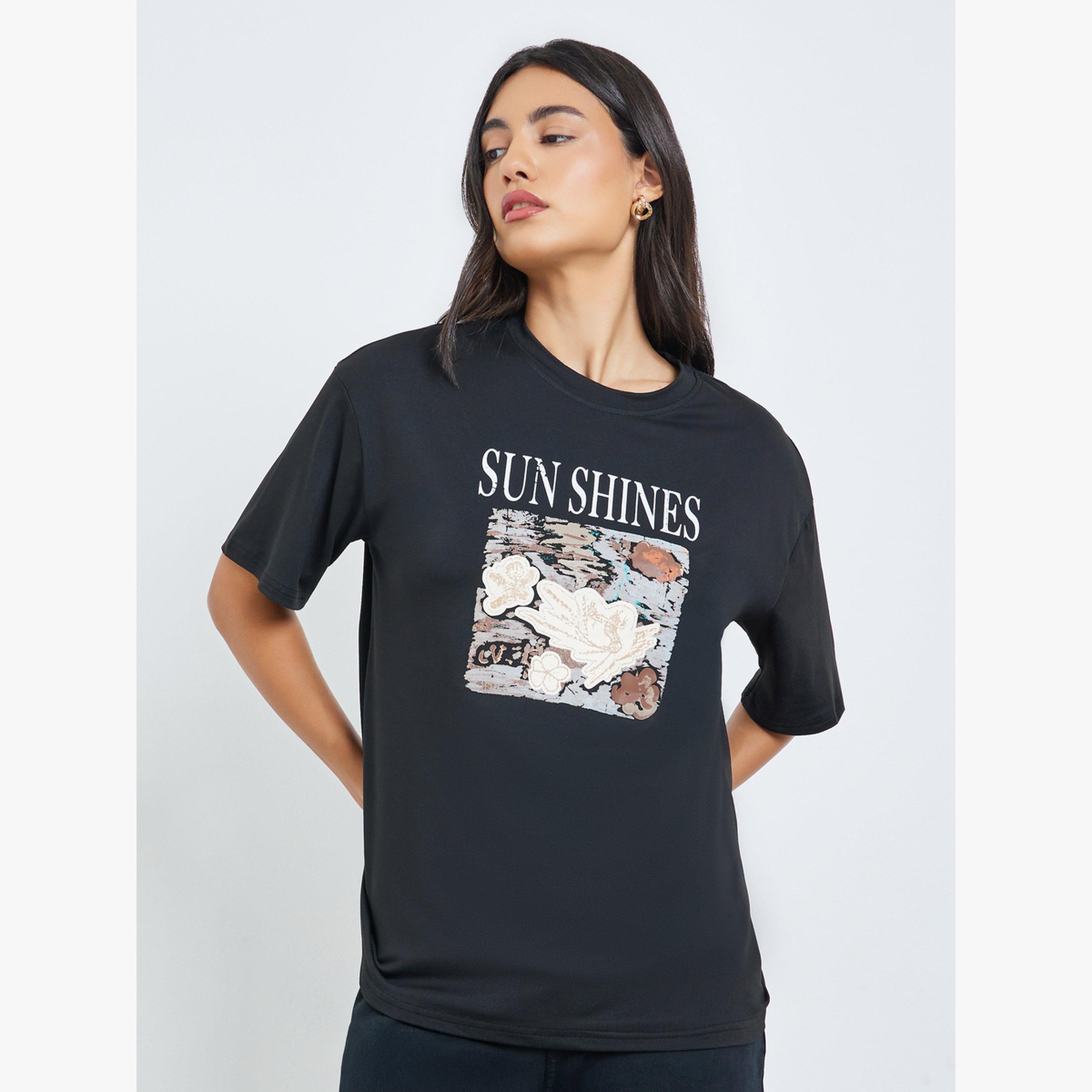 Styli Black Graphic Floral Print Short Sleeve T-Shirt-women-clothing-tshirts-image-1
