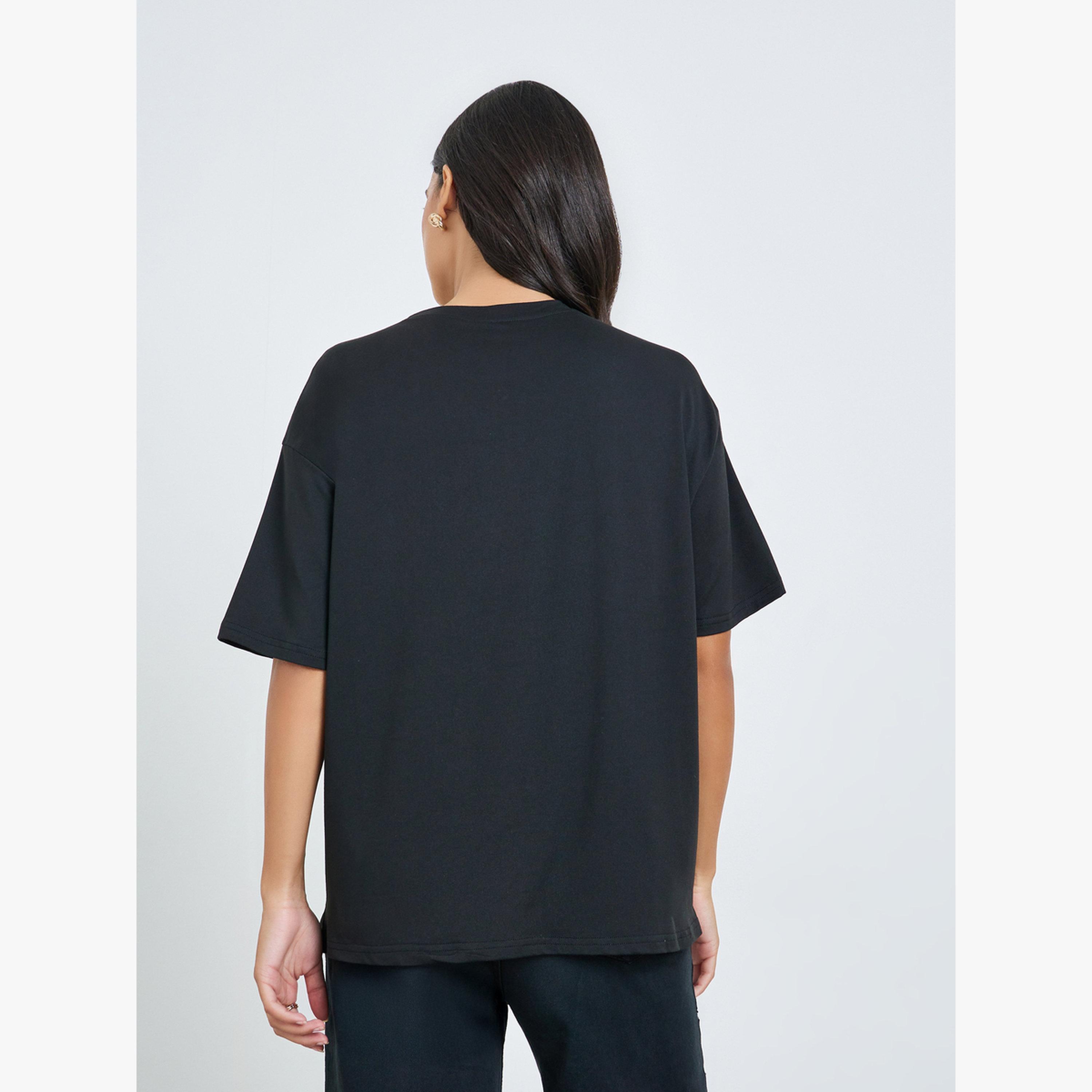 Styli Black Graphic Floral Print Short Sleeve T-Shirt-women-clothing-tshirts-image-4