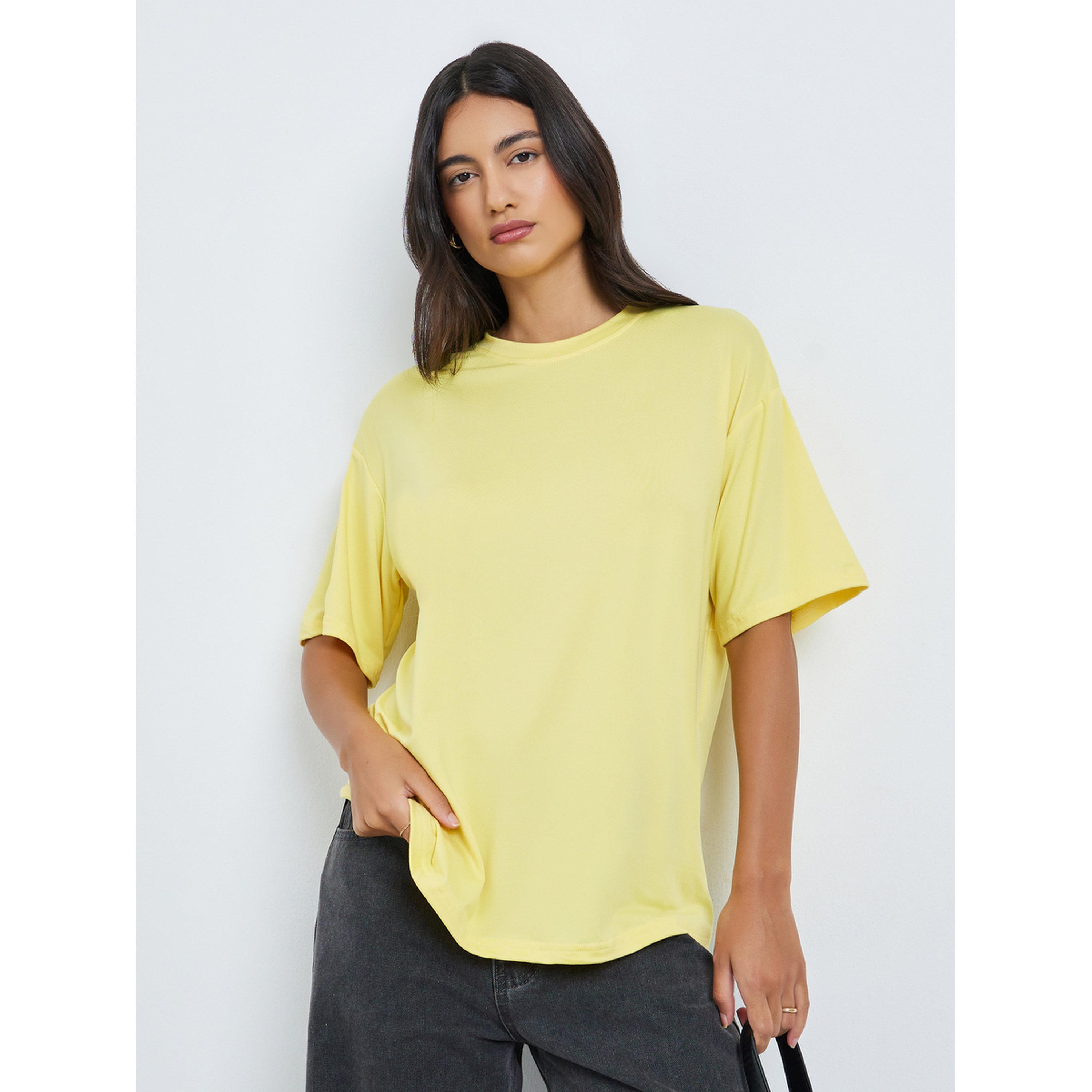 Styli Yellow Graphic Back Palm Print T-Shirt-women-clothing-tshirts-image-1