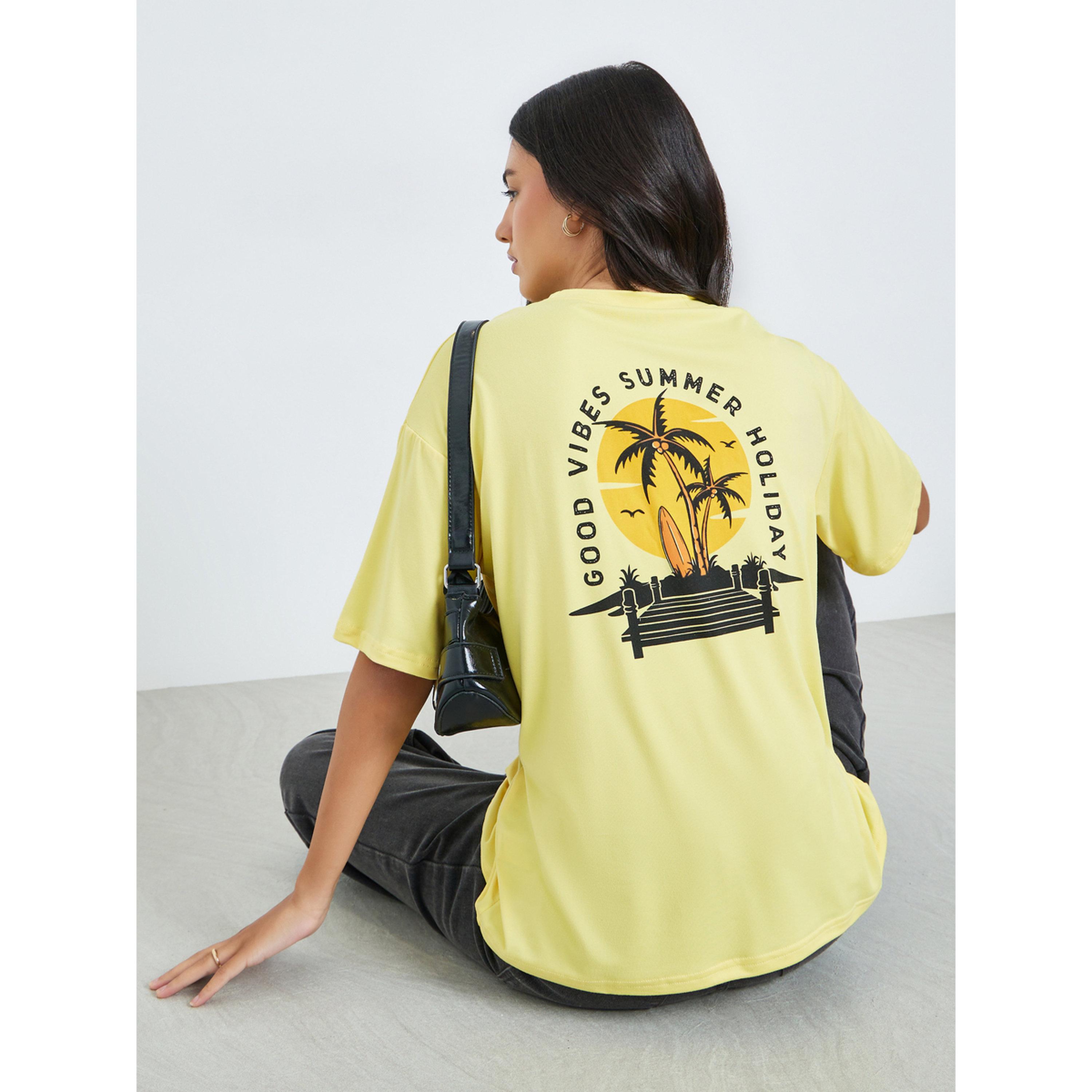 Styli Yellow Graphic Back Palm Print T-Shirt-women-clothing-tshirts-image-3