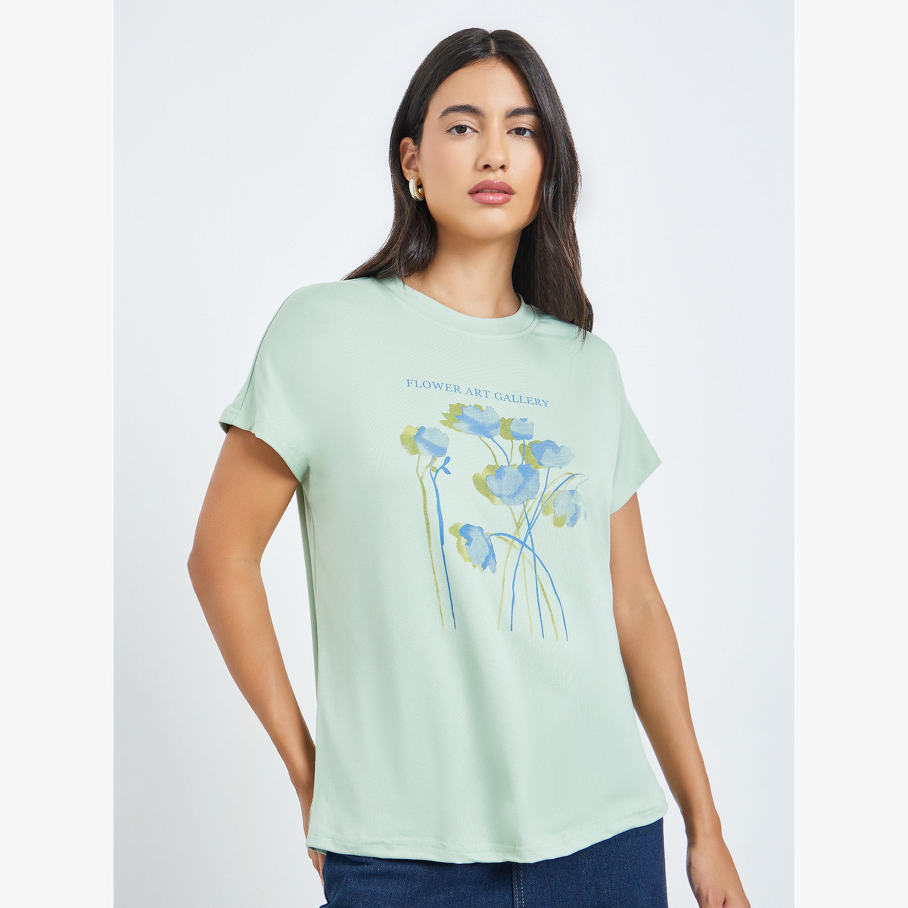 Styli Green Floral Print Short Sleeve T-Shirt-women-clothing-tshirts-image-1