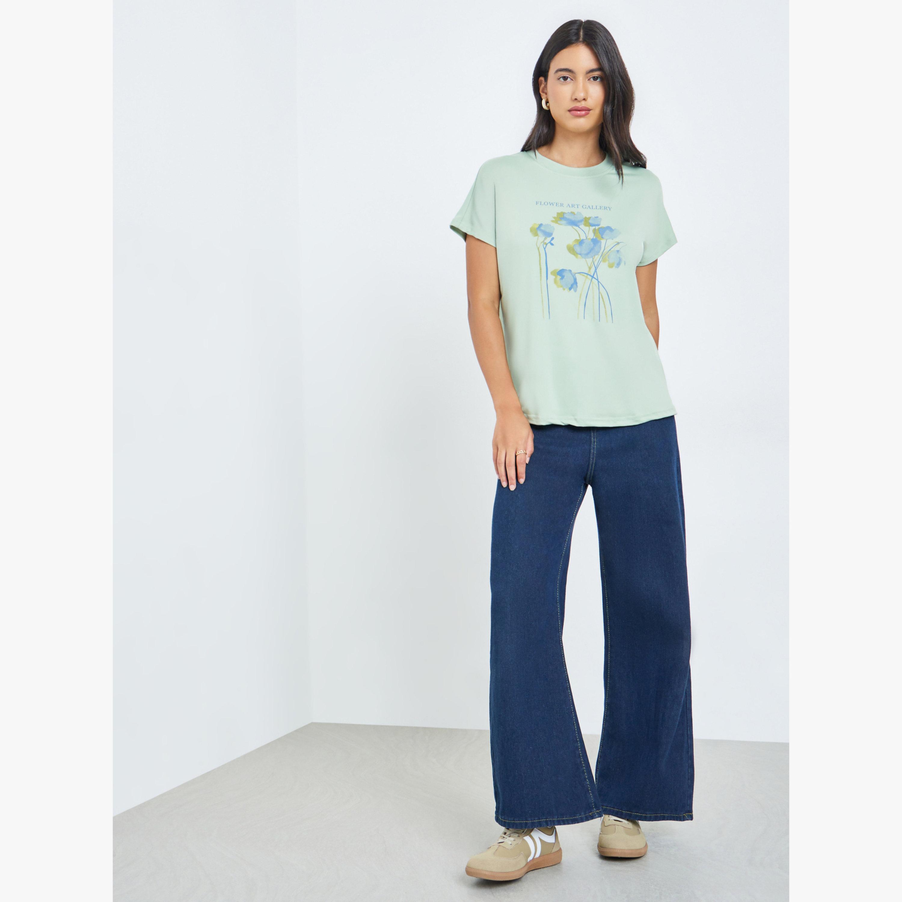 Styli Green Floral Print Short Sleeve T-Shirt-women-clothing-tshirts-image-2