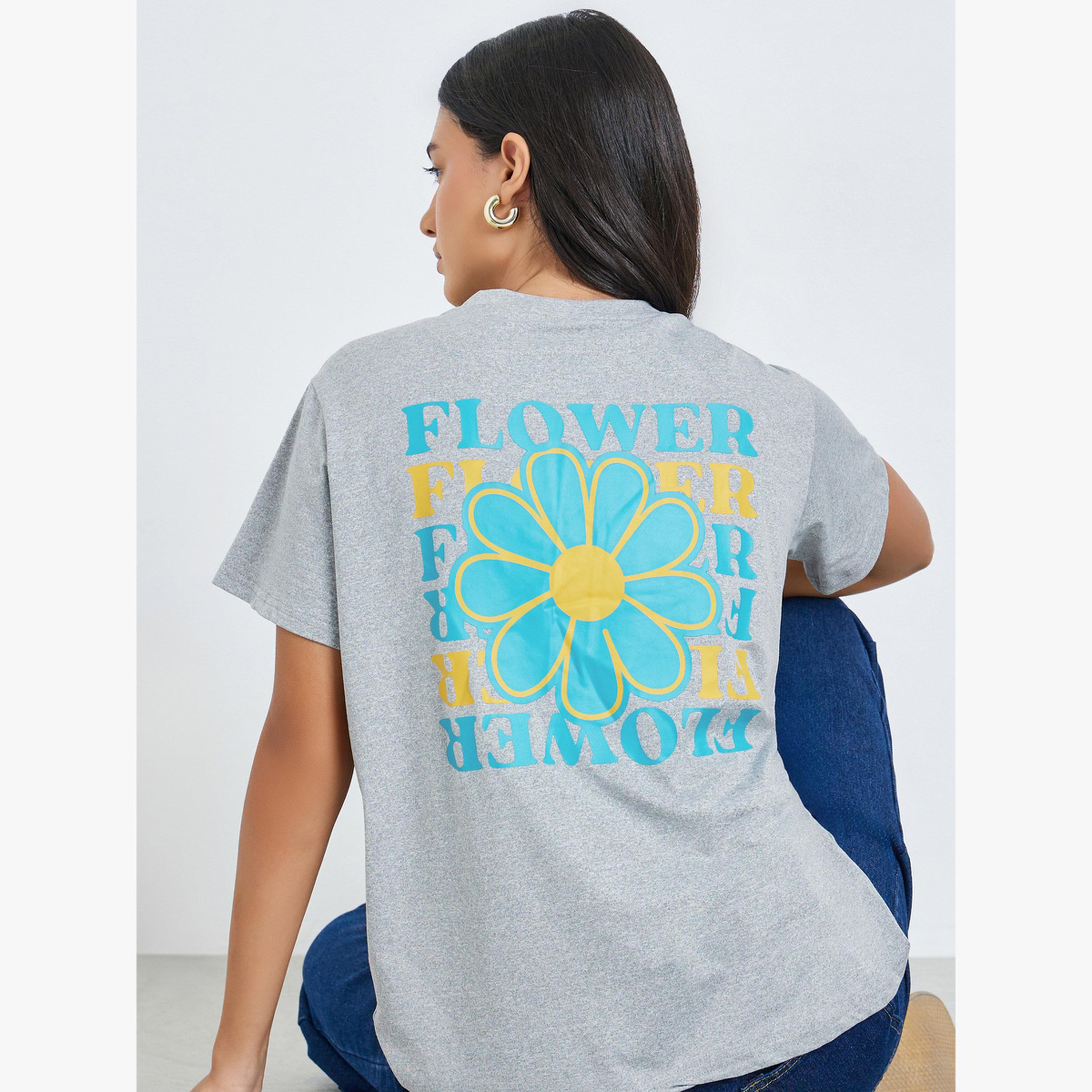 تيشيرت بياقة دائرية بطبعة جرافيك أزهار-women-clothing-tshirts-image-3