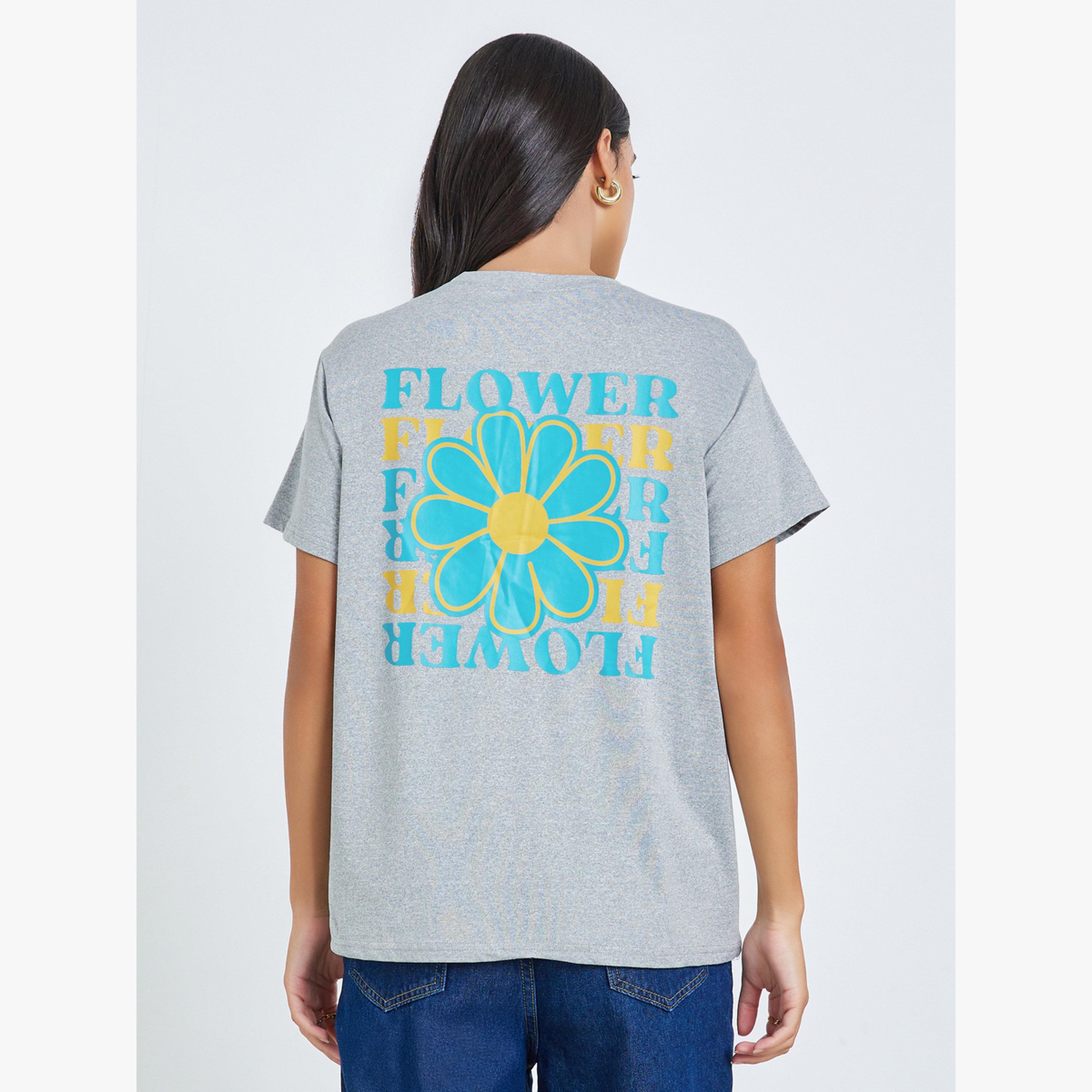 Styli Grey Floral Graphic Print Round Neck T-Shirt-women-clothing-tshirts-image-4