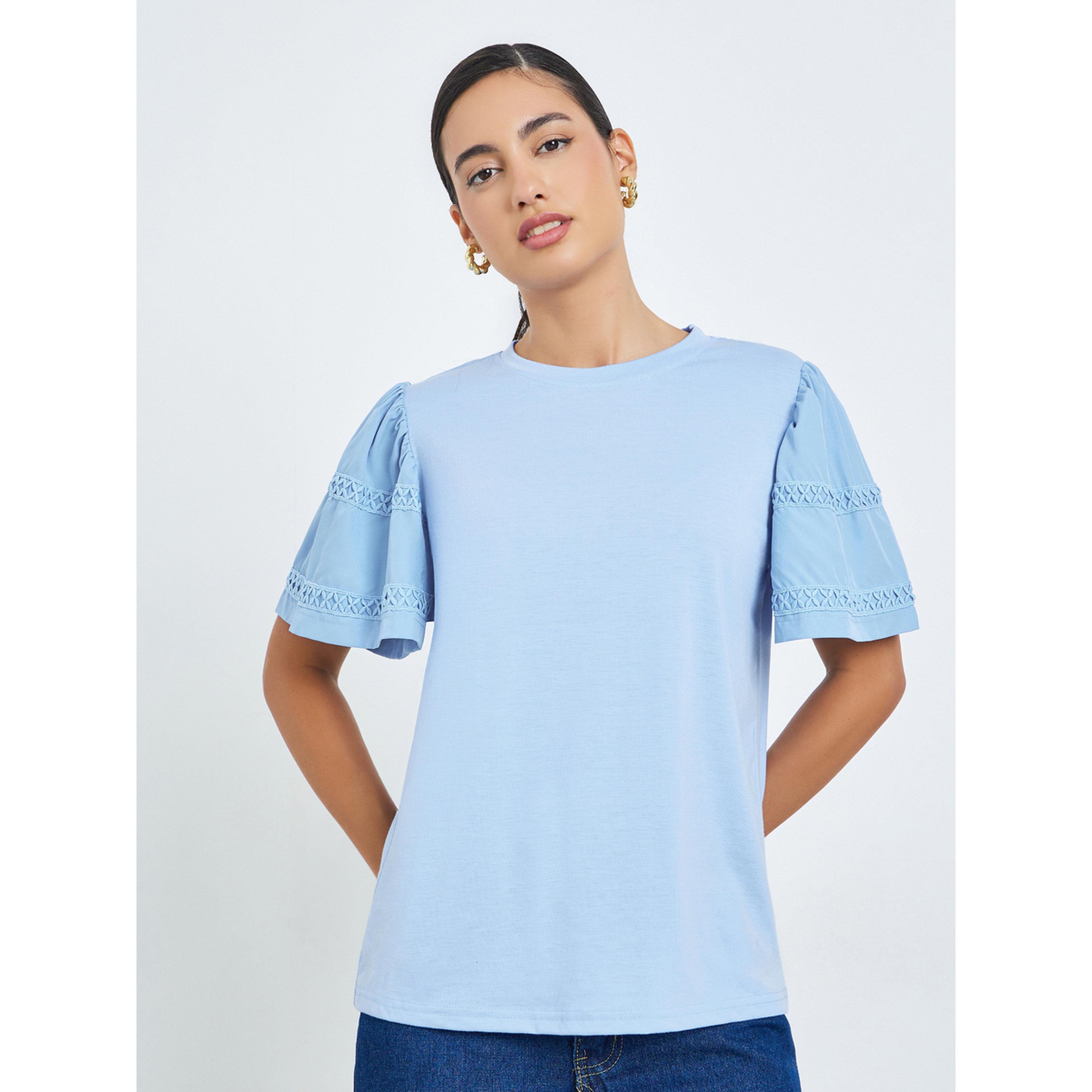 Styli Blue Lace Trim Short Sleeve T-Shirt-women-clothing-shirtsandblouses-blouses-image-1