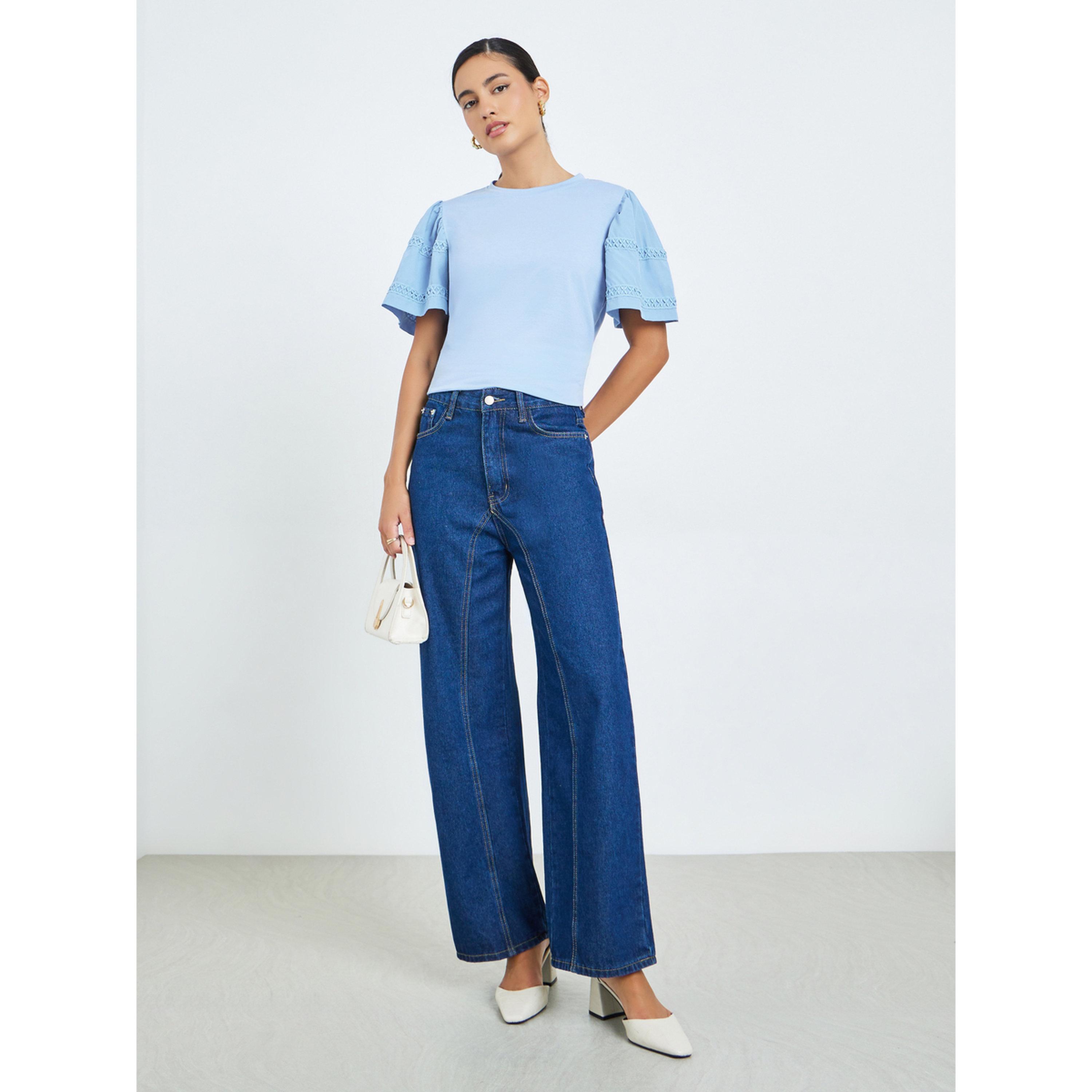 Styli Blue Lace Trim Short Sleeve T-Shirt-women-clothing-shirtsandblouses-blouses-image-2