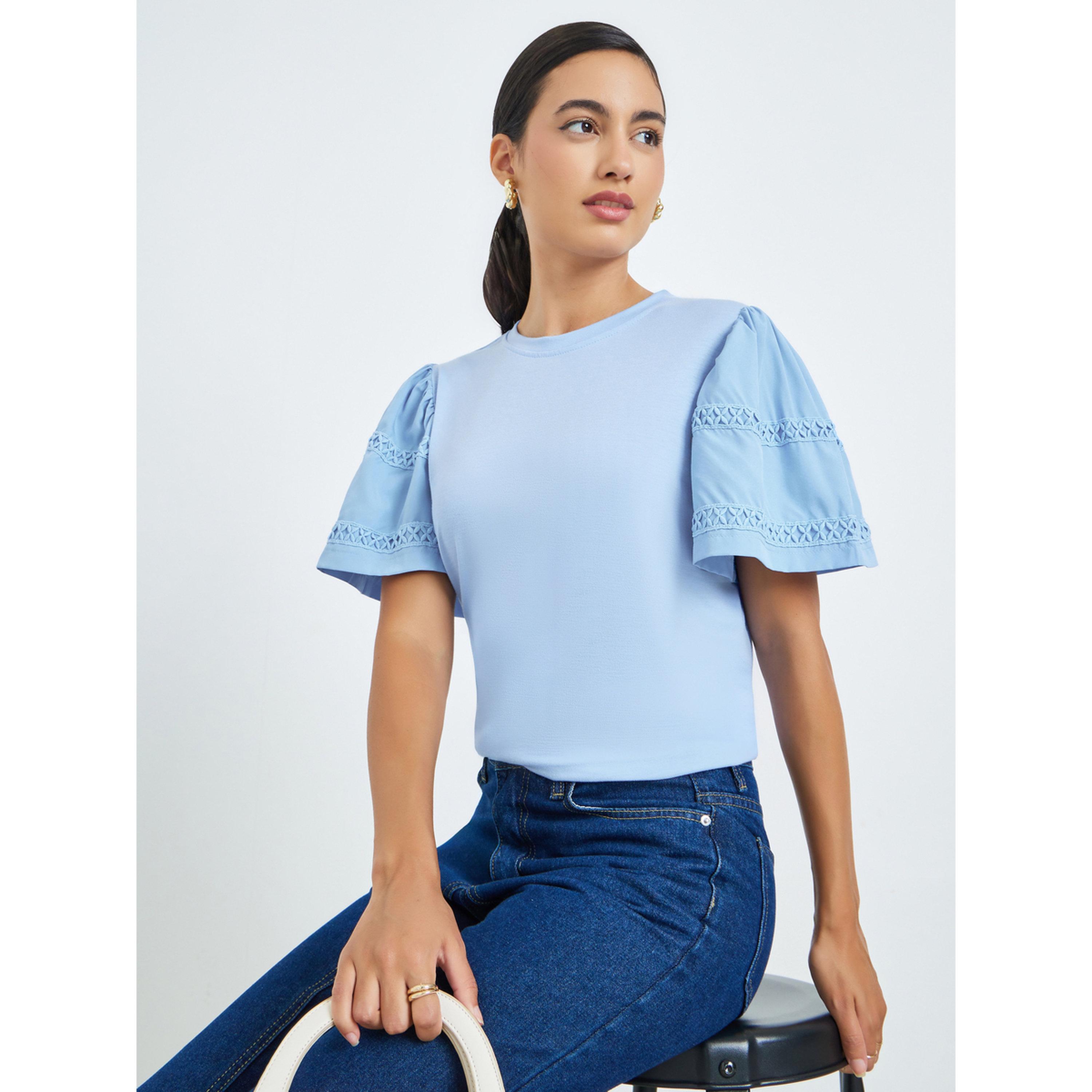 Styli Blue Lace Trim Short Sleeve T-Shirt-women-clothing-shirtsandblouses-blouses-image-3