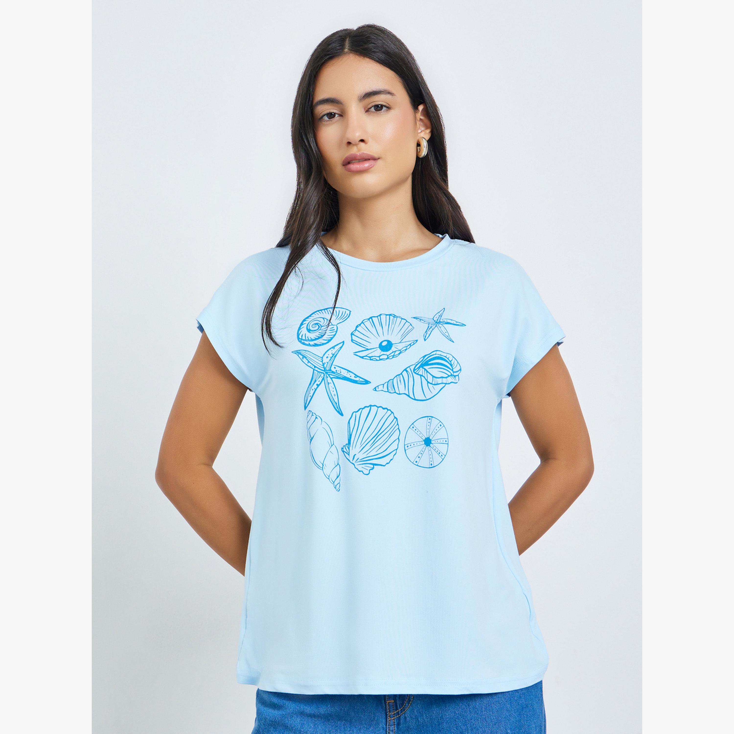 Styli Light Blue Shell Graphic T-Shirt-women-clothing-tshirts-image-1