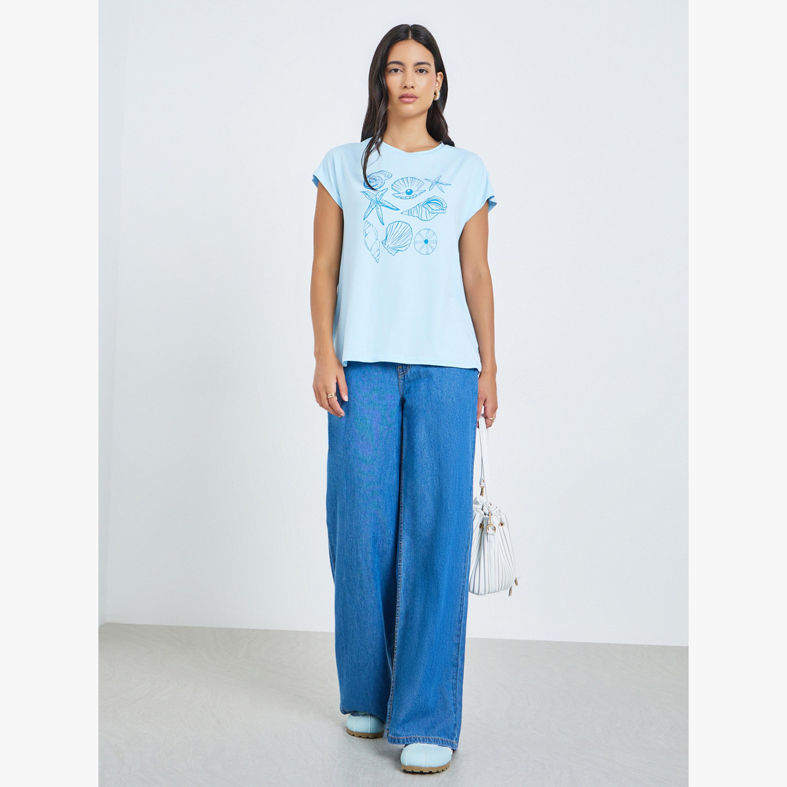 Styli Light Blue Shell Graphic T-Shirt-women-clothing-tshirts-image-2