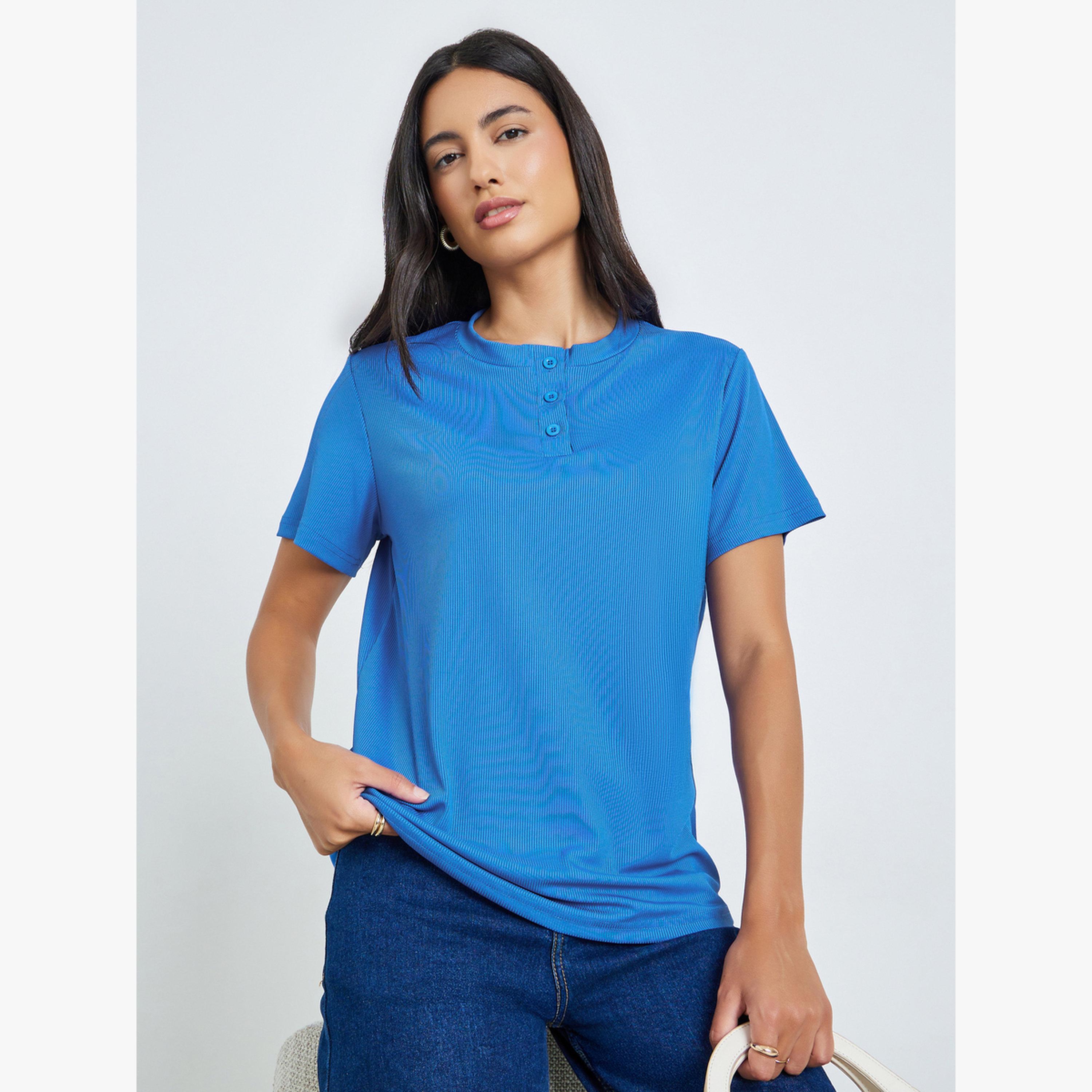 Styli Blue Ribbed Button-Front T-Shirt-women-clothing-tshirts-image-1