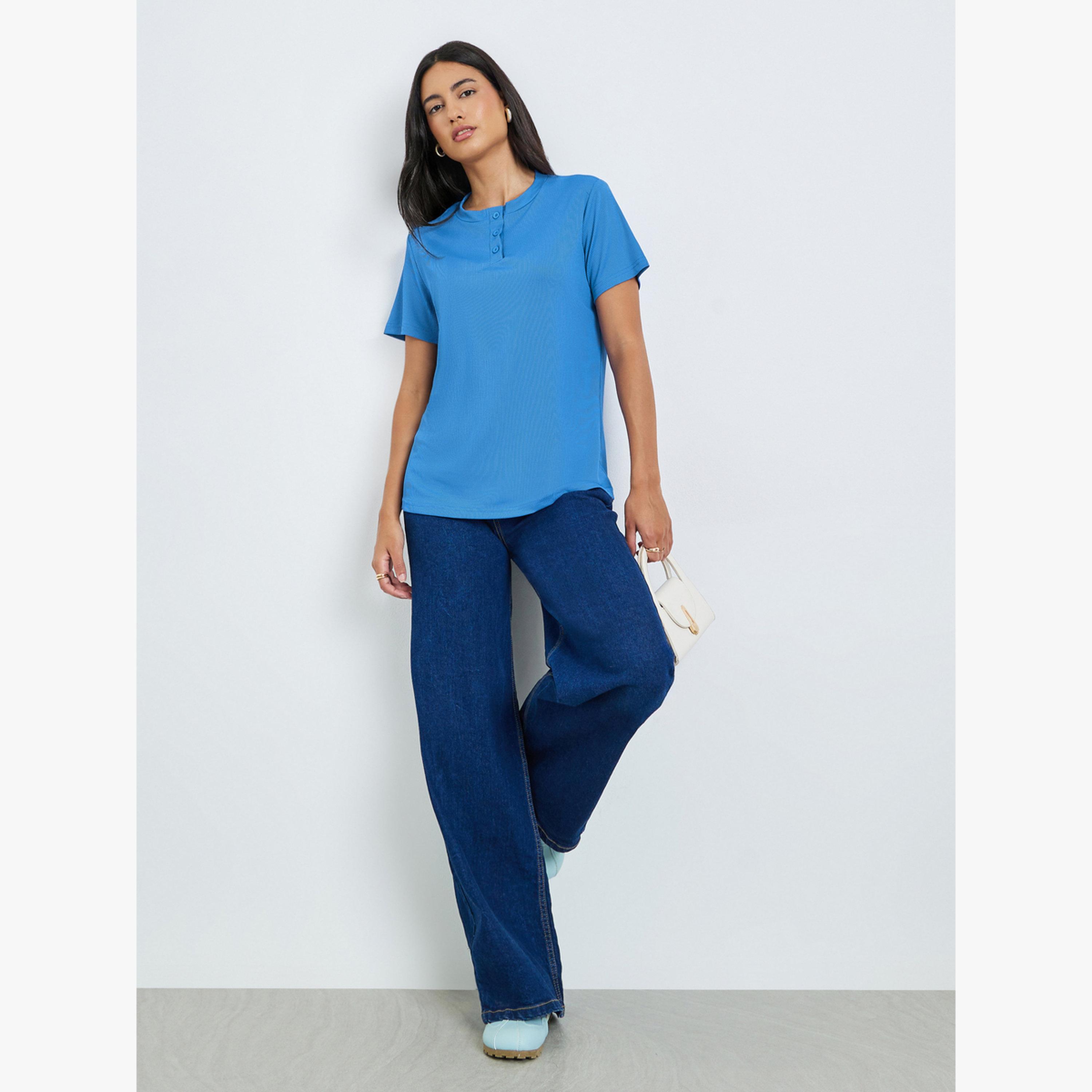 Styli Blue Ribbed Button-Front T-Shirt-women-clothing-tshirts-image-2