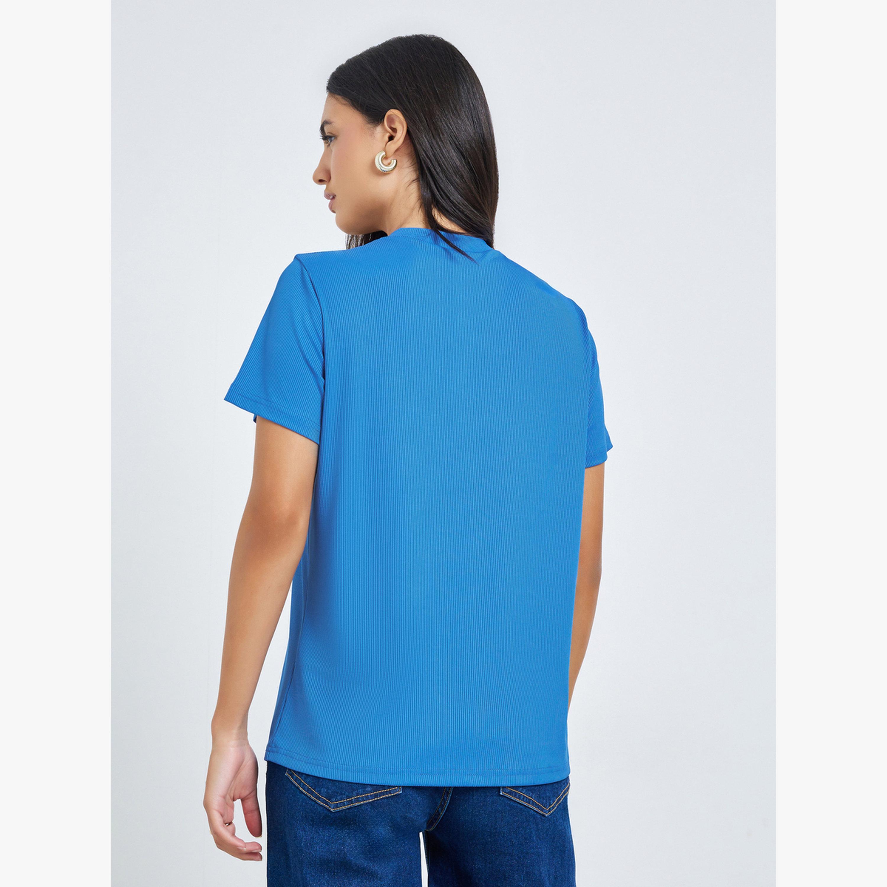 Styli Blue Ribbed Button-Front T-Shirt-women-clothing-tshirts-image-3