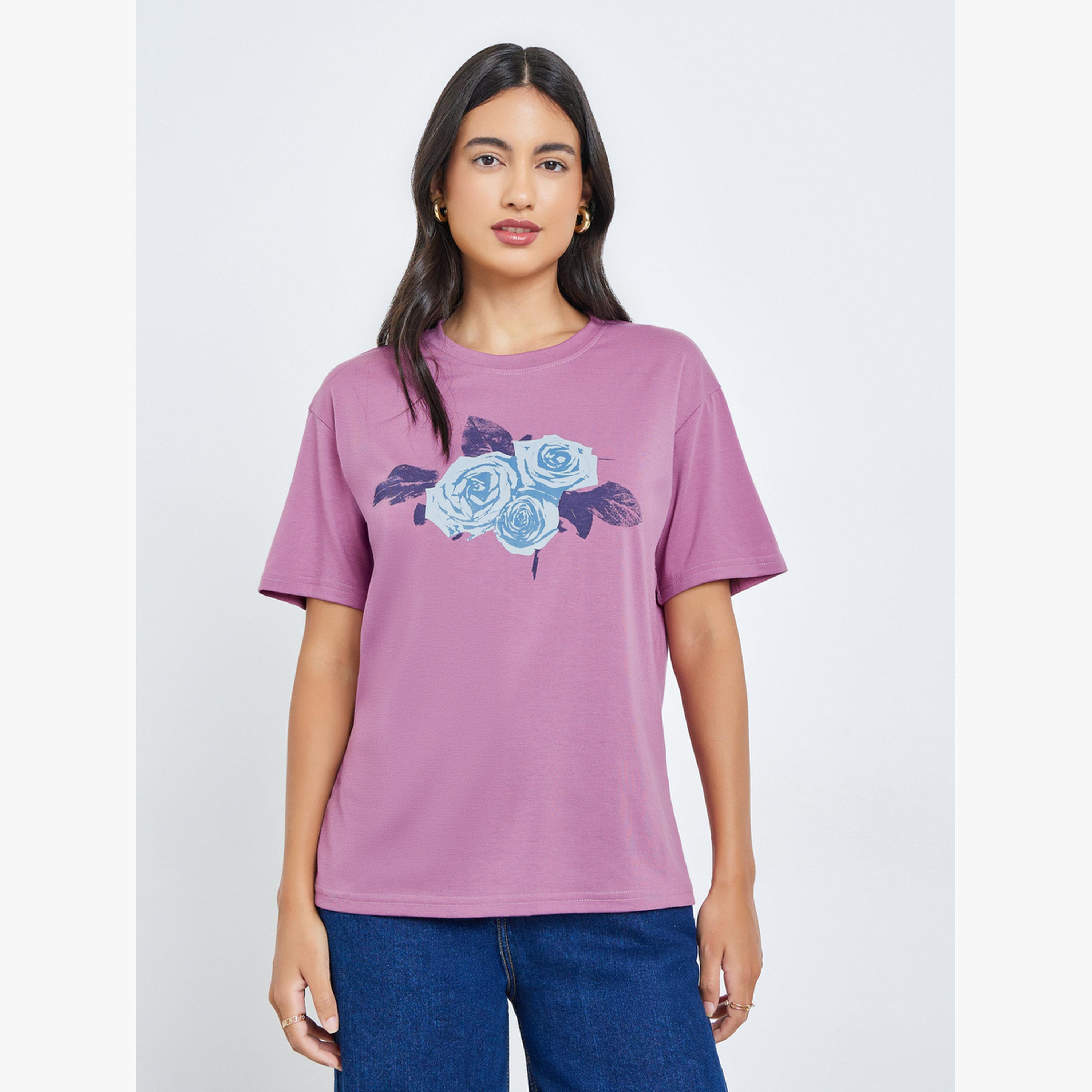 Styli Purple Floral Print Regular Fit T-Shirt-women-clothing-tshirts-image-1