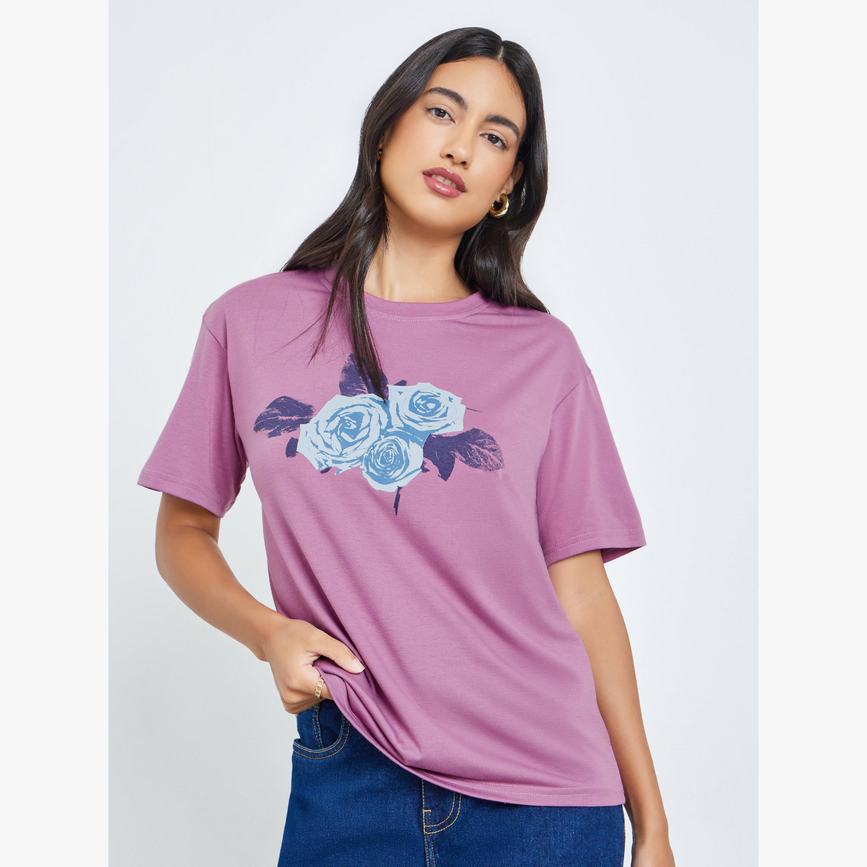 Styli Purple Floral Print Regular Fit T-Shirt-women-clothing-tshirts-image-3