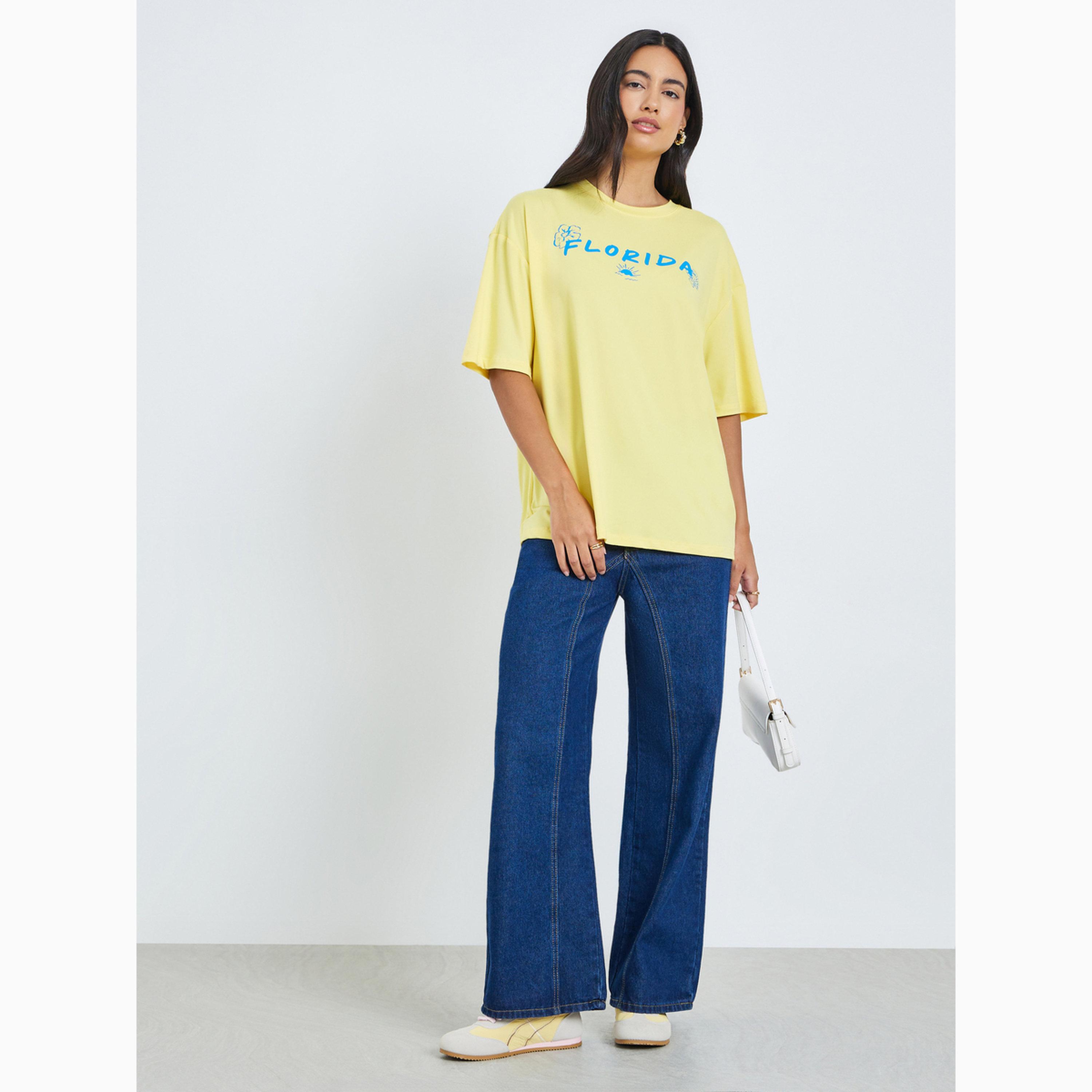 Styli Yellow Graphic Print Oversized T-Shirt-women-clothing-tshirts-image-2