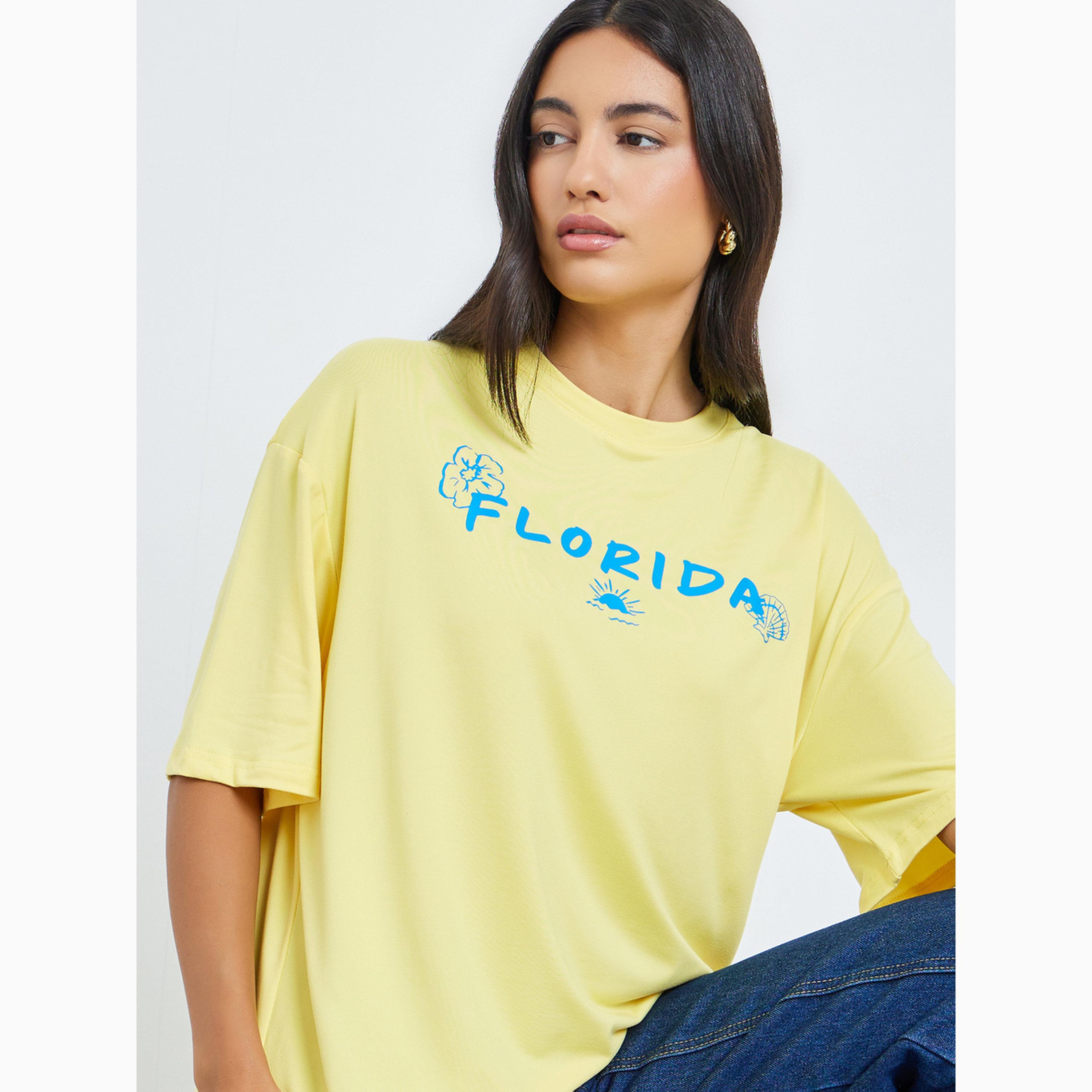 Styli Yellow Graphic Print Oversized T-Shirt-women-clothing-tshirts-image-3