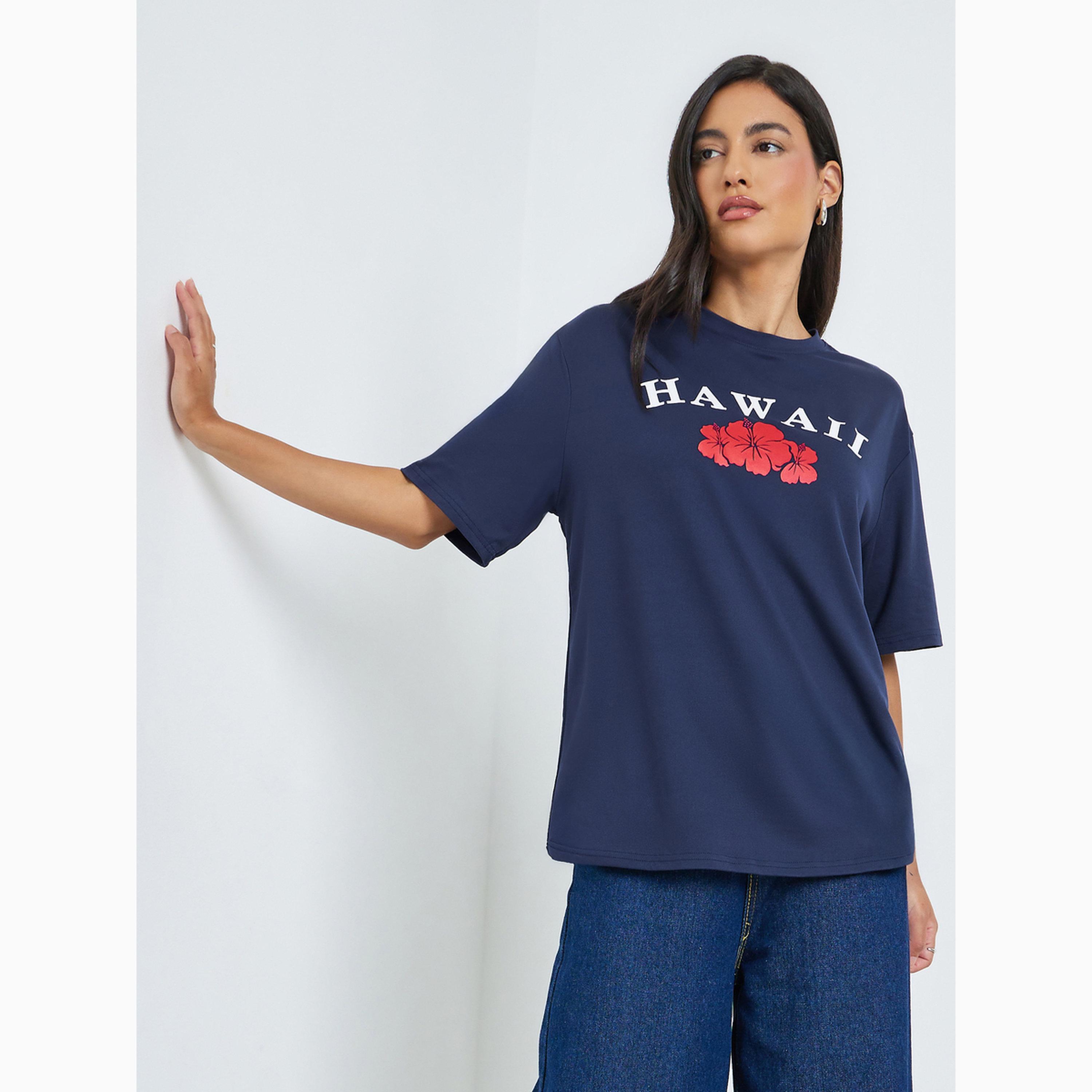Styli Navy Blue Graphic Print Short Sleeve T-Shirt-women-clothing-tshirts-image-1