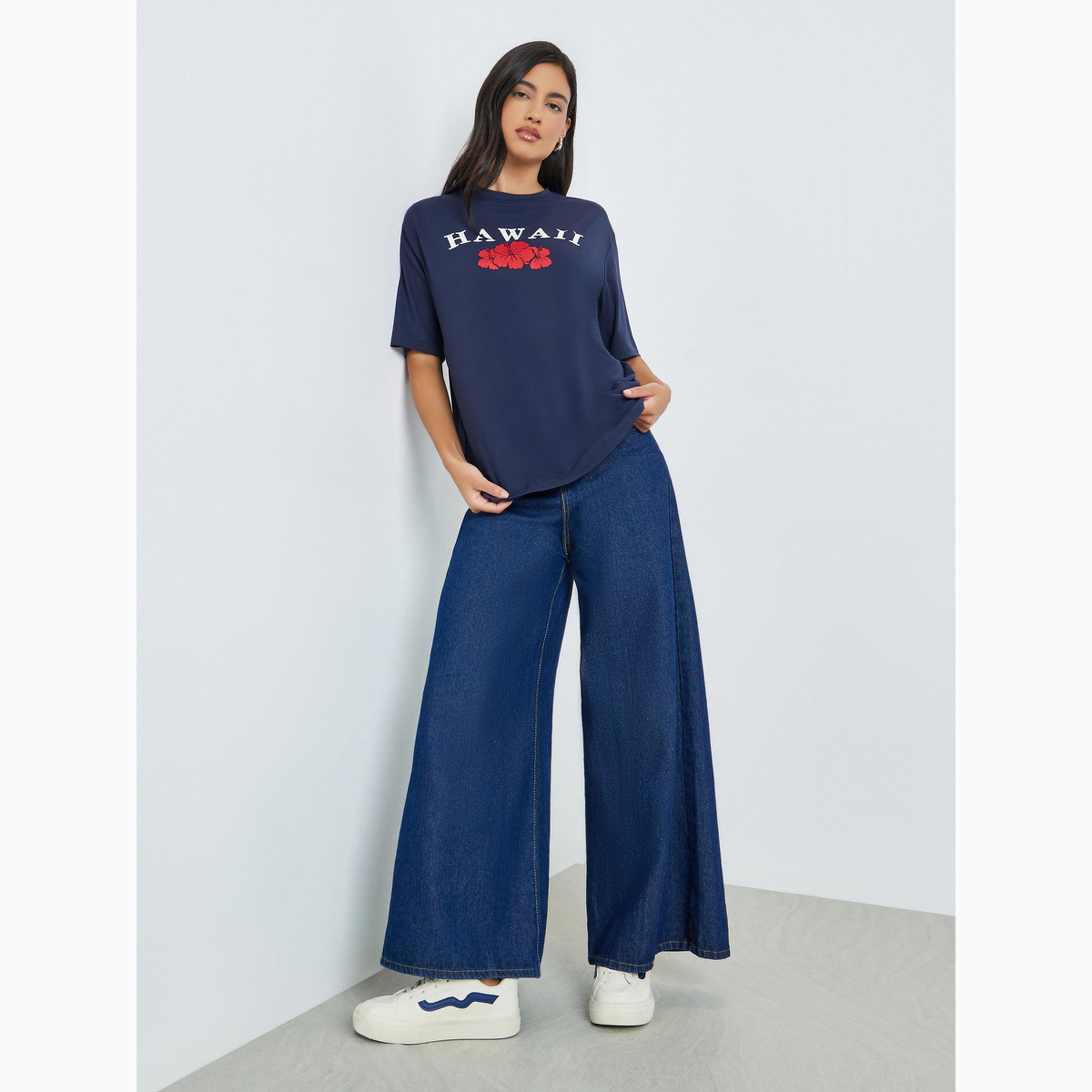 Styli Navy Blue Graphic Print Short Sleeve T-Shirt-women-clothing-tshirts-image-2