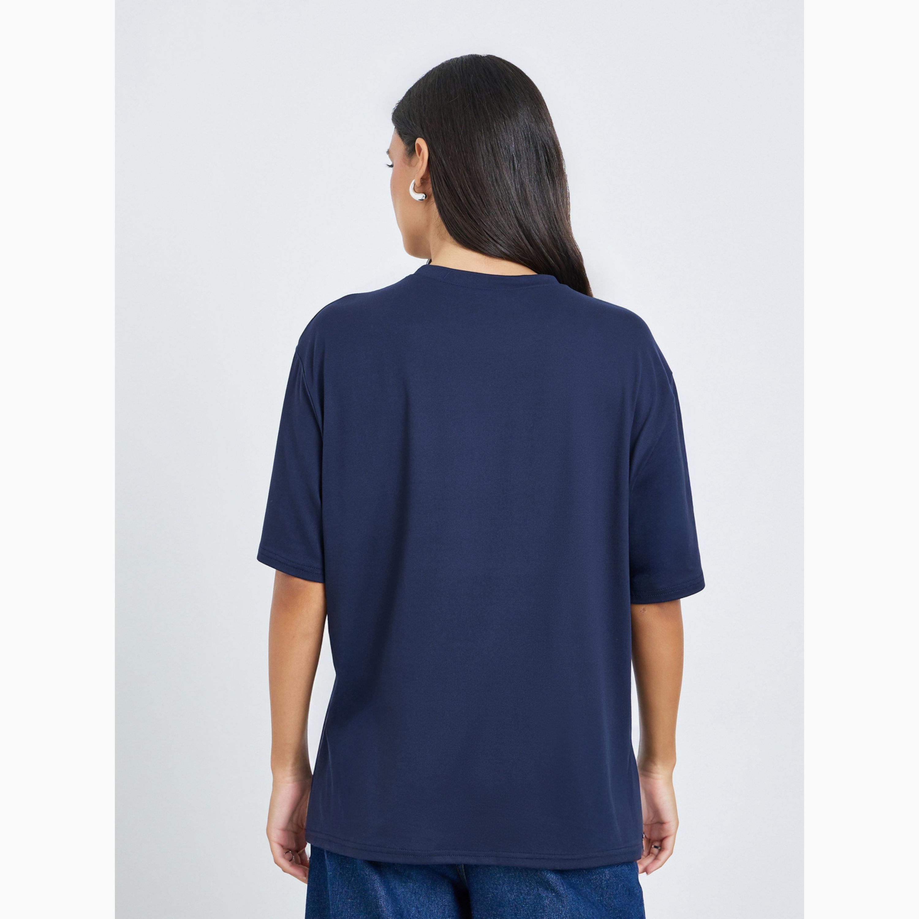 Styli Navy Blue Graphic Print Short Sleeve T-Shirt-women-clothing-tshirts-image-5