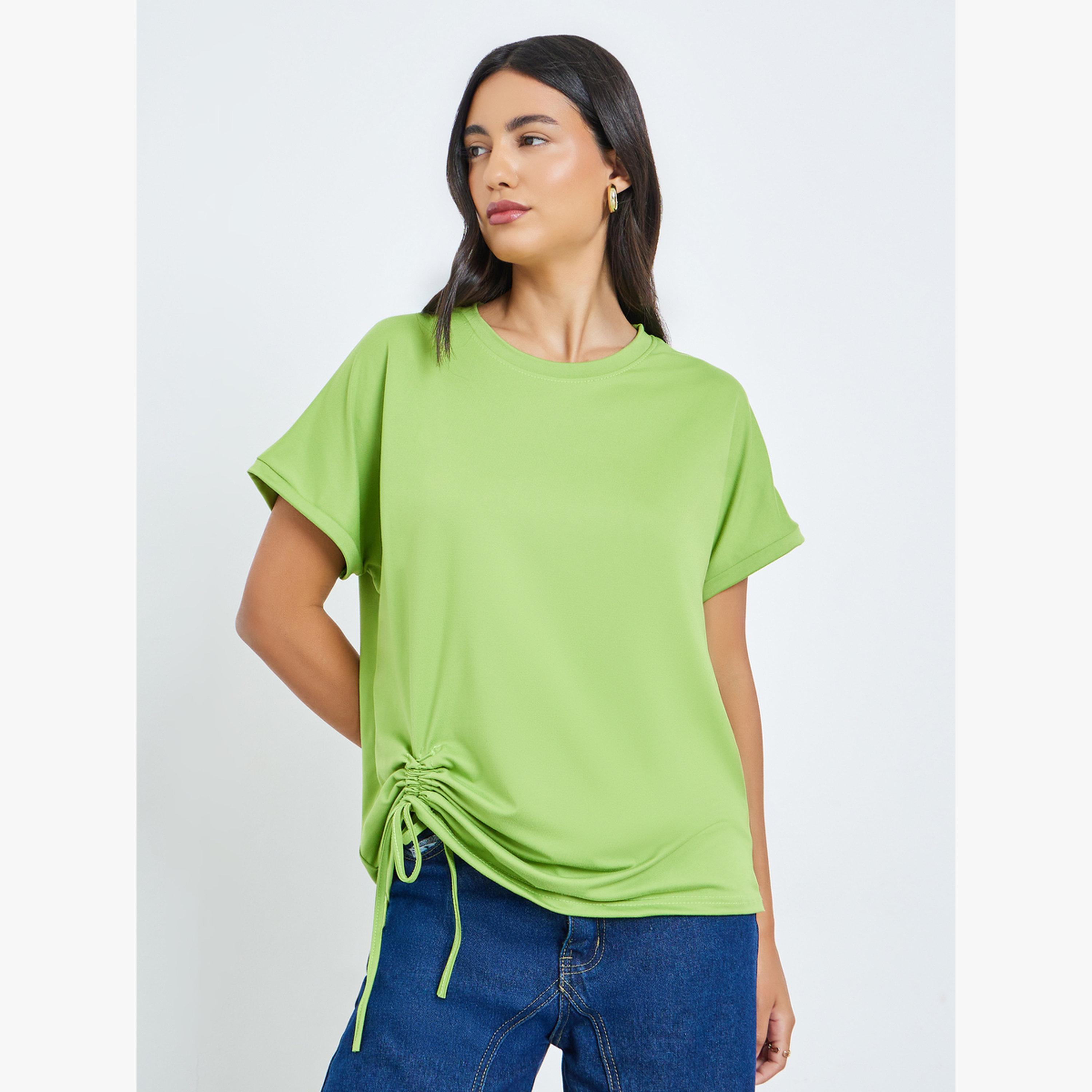 Styli Green Ruched Detail Round Neck T-Shirt-women-clothing-tshirts-image-1