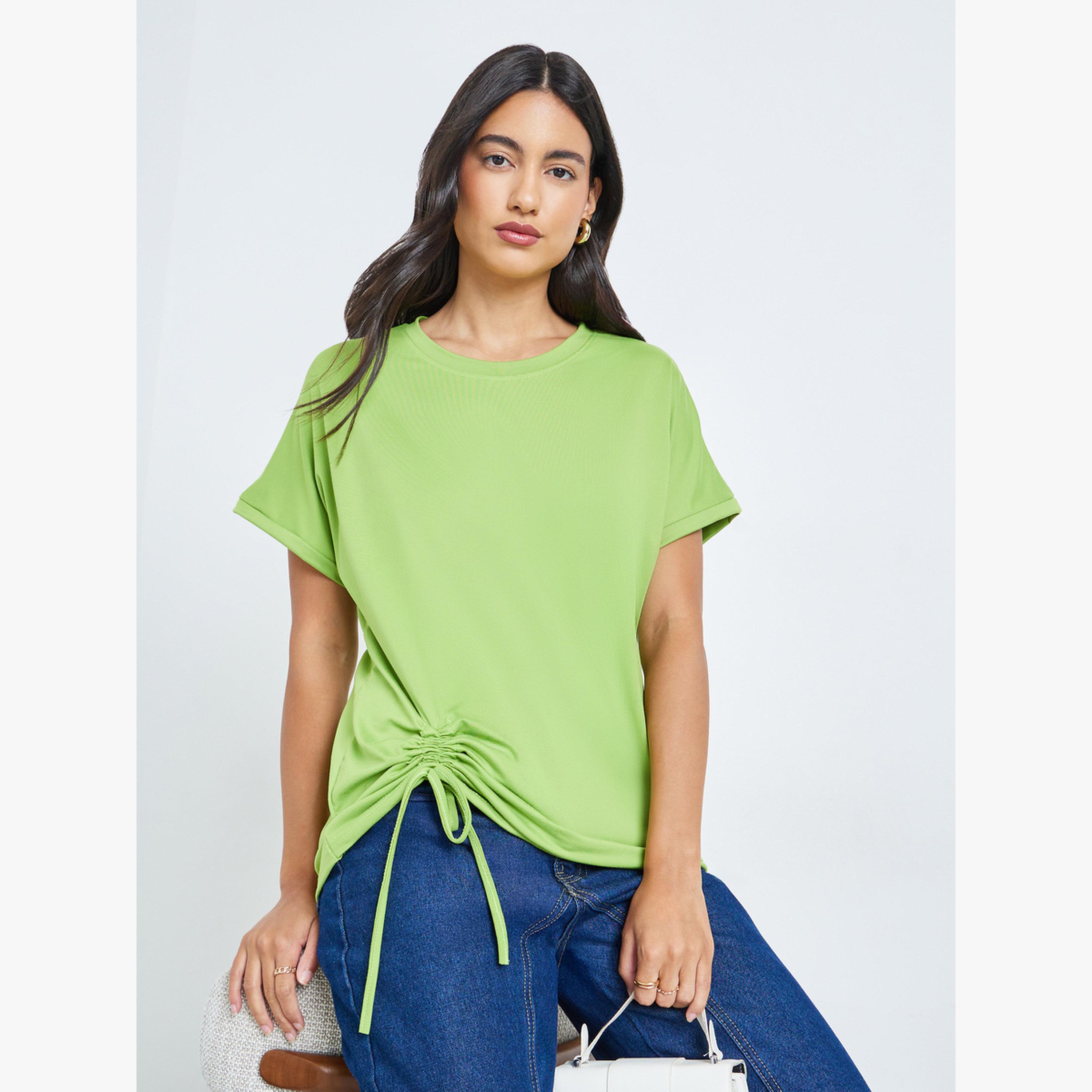 Styli Green Ruched Detail Round Neck T-Shirt-women-clothing-tshirts-image-3