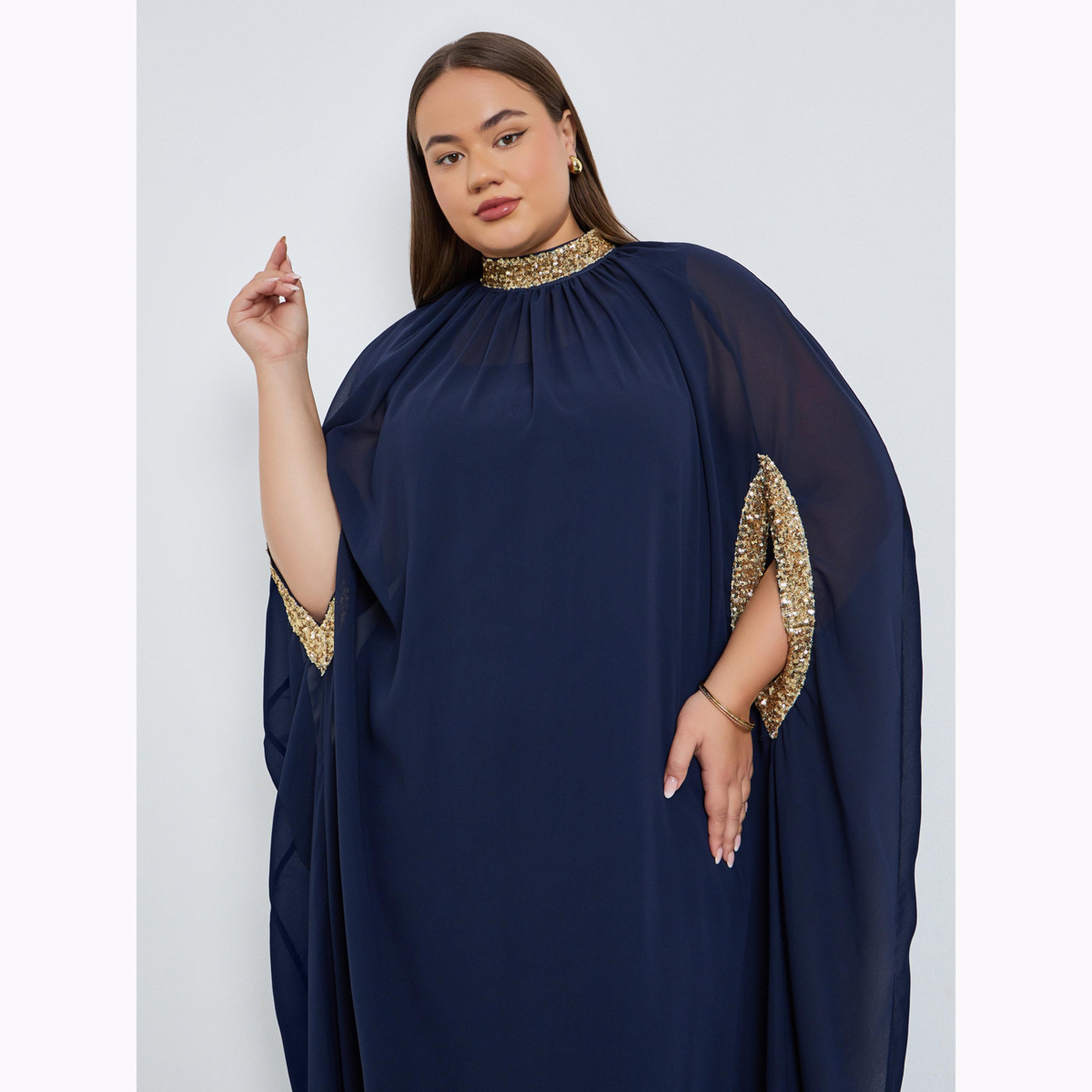 Styli Plus Size Navy Blue Embellished Kaftan Maxi Dress-women-clothing-dresses-image-2