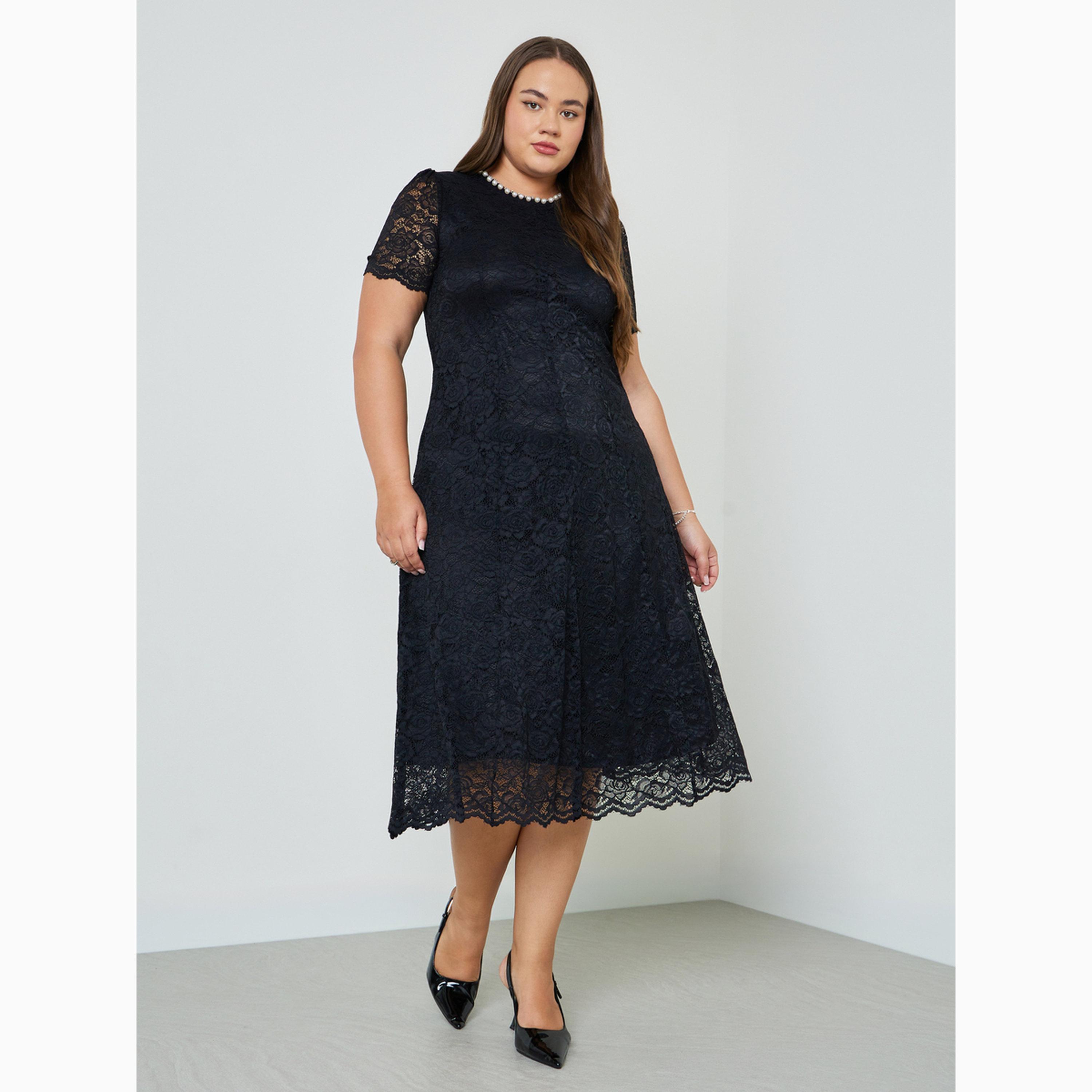 فستان ميدي متوسط الطول بطبقة دانتيل علوية وقصة راقية بمقاس كبير-women-clothing-dresses-image-2