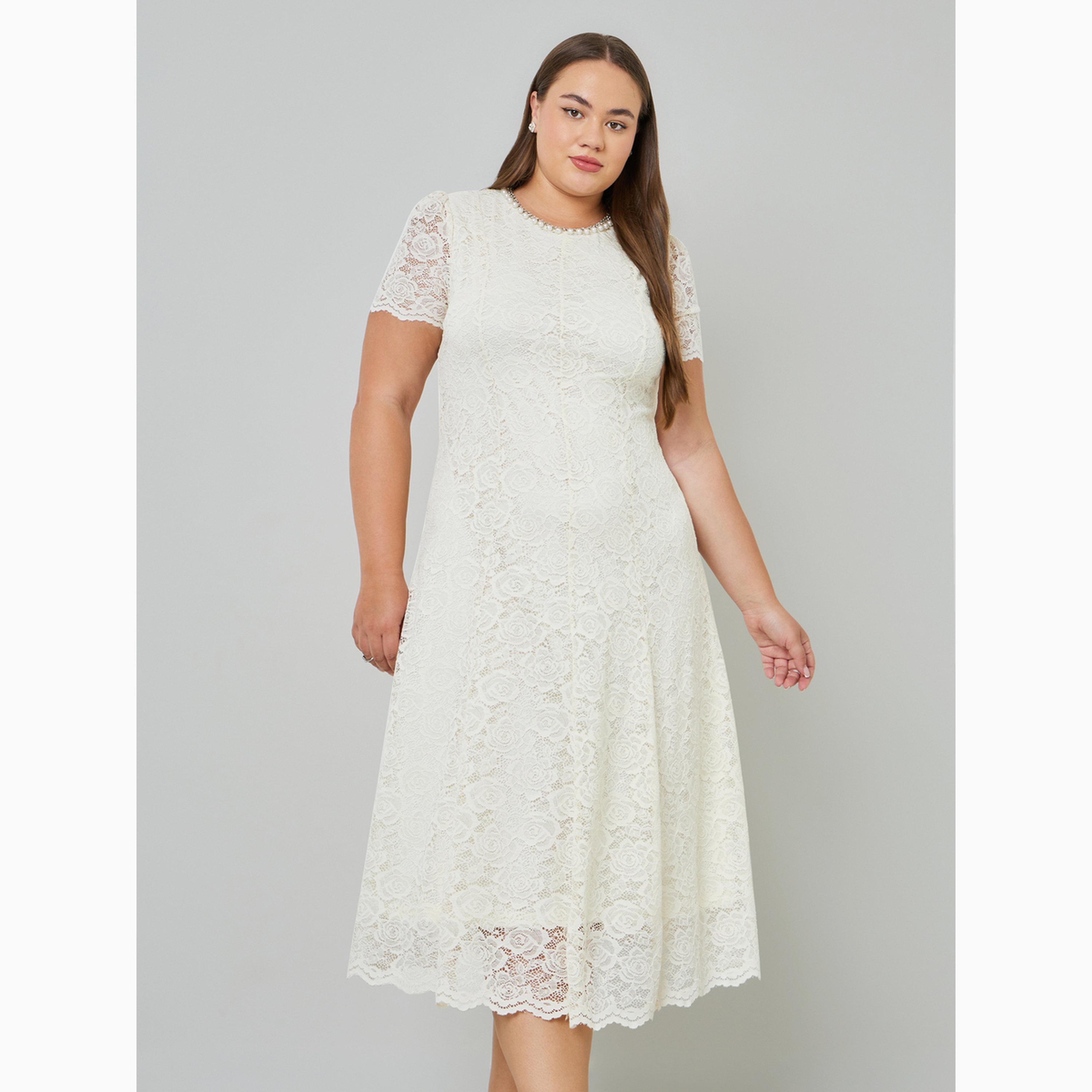 فستان ميدي متوسط الطول بطبقة دانتيل علوية وقصة راقية بمقاس كبير-women-clothing-dresses-image-1