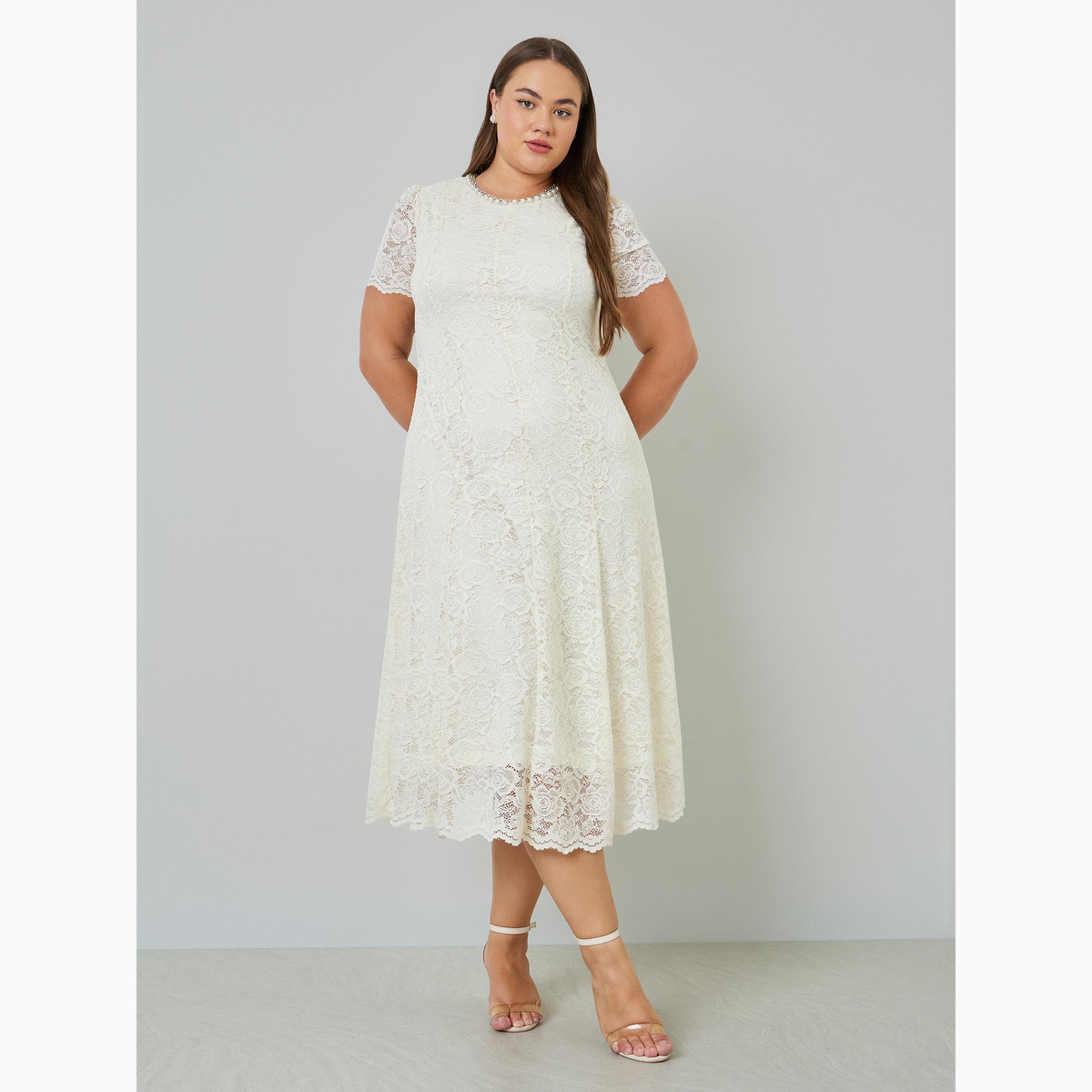 فستان ميدي متوسط الطول بطبقة دانتيل علوية وقصة راقية بمقاس كبير-women-clothing-dresses-image-2