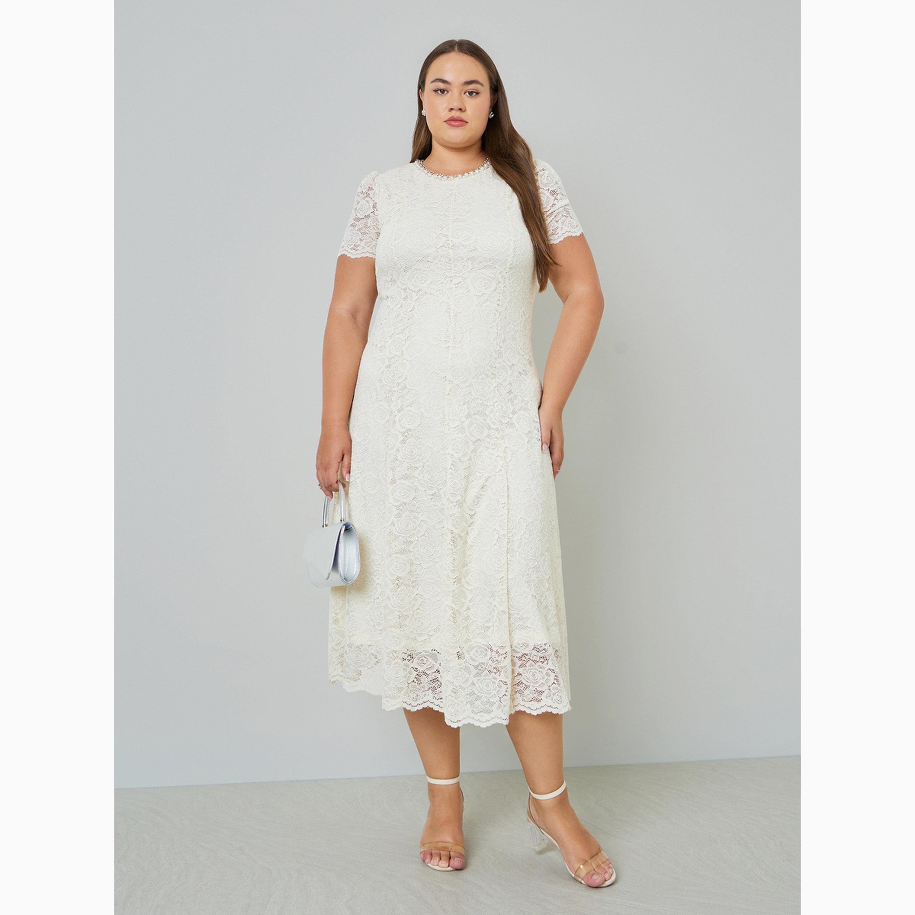 فستان ميدي متوسط الطول بطبقة دانتيل علوية وقصة راقية بمقاس كبير-women-clothing-dresses-image-3