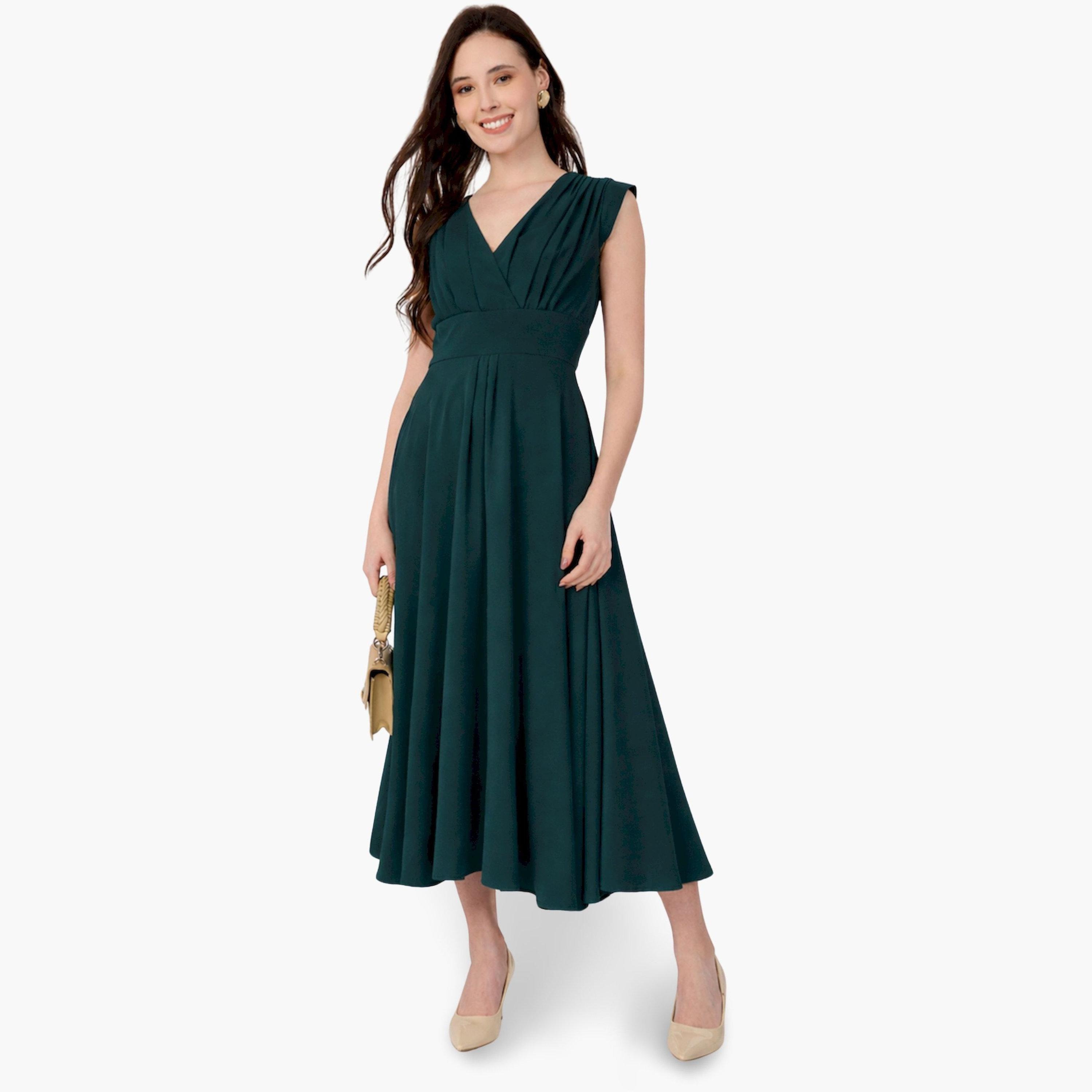فستان ميدي أخضر بكسرات بلا أكمام وقصة ملفوفة-women-clothing-dresses-image-1