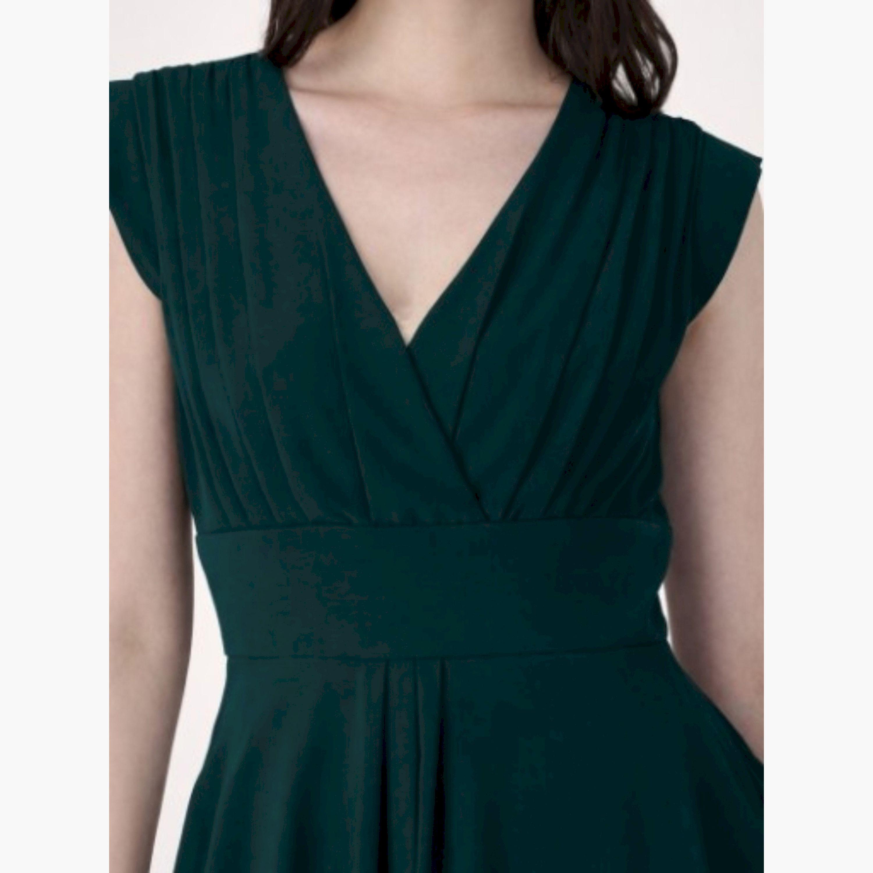 فستان ميدي أخضر بكسرات بلا أكمام وقصة ملفوفة-women-clothing-dresses-image-2