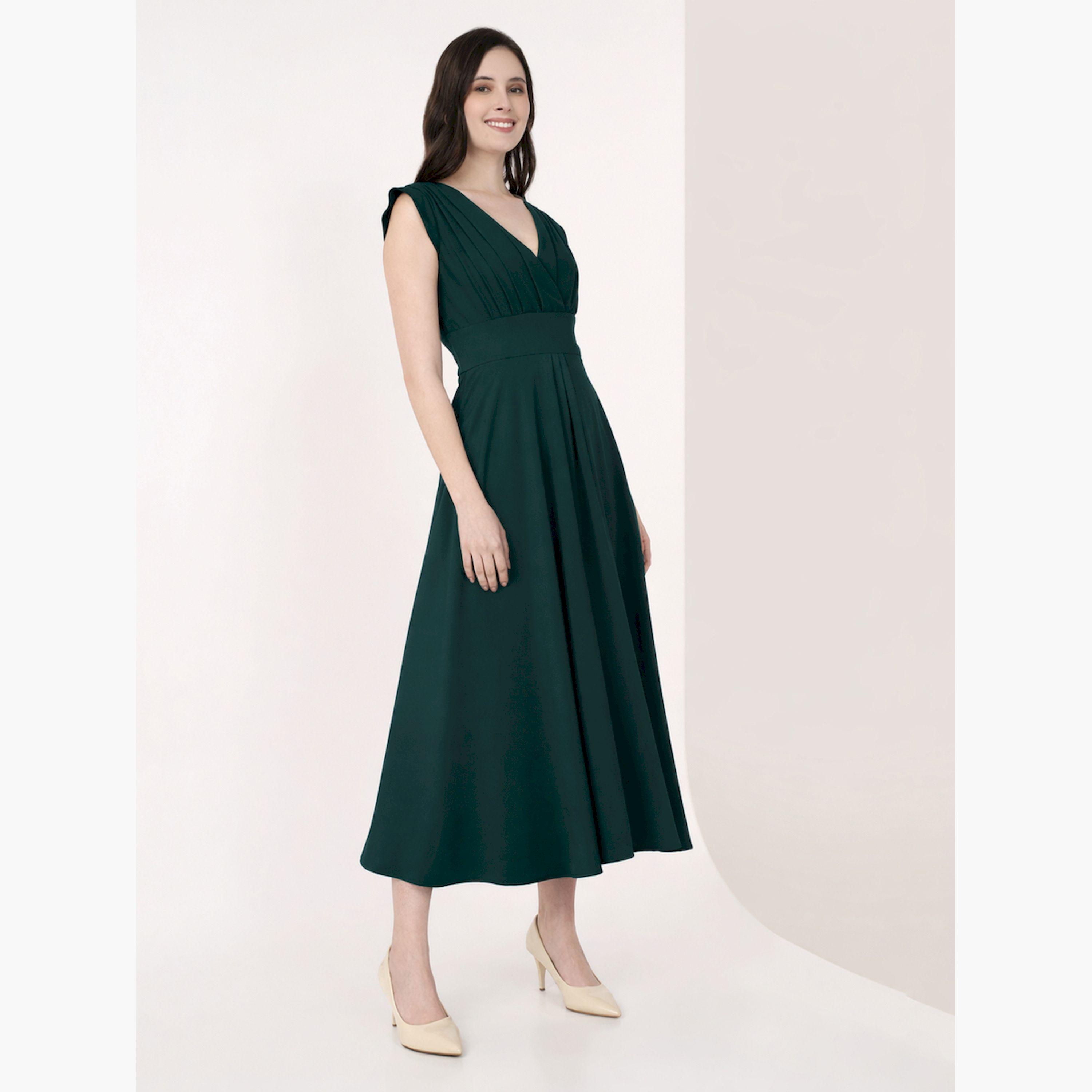 فستان ميدي أخضر بكسرات بلا أكمام وقصة ملفوفة-women-clothing-dresses-image-3