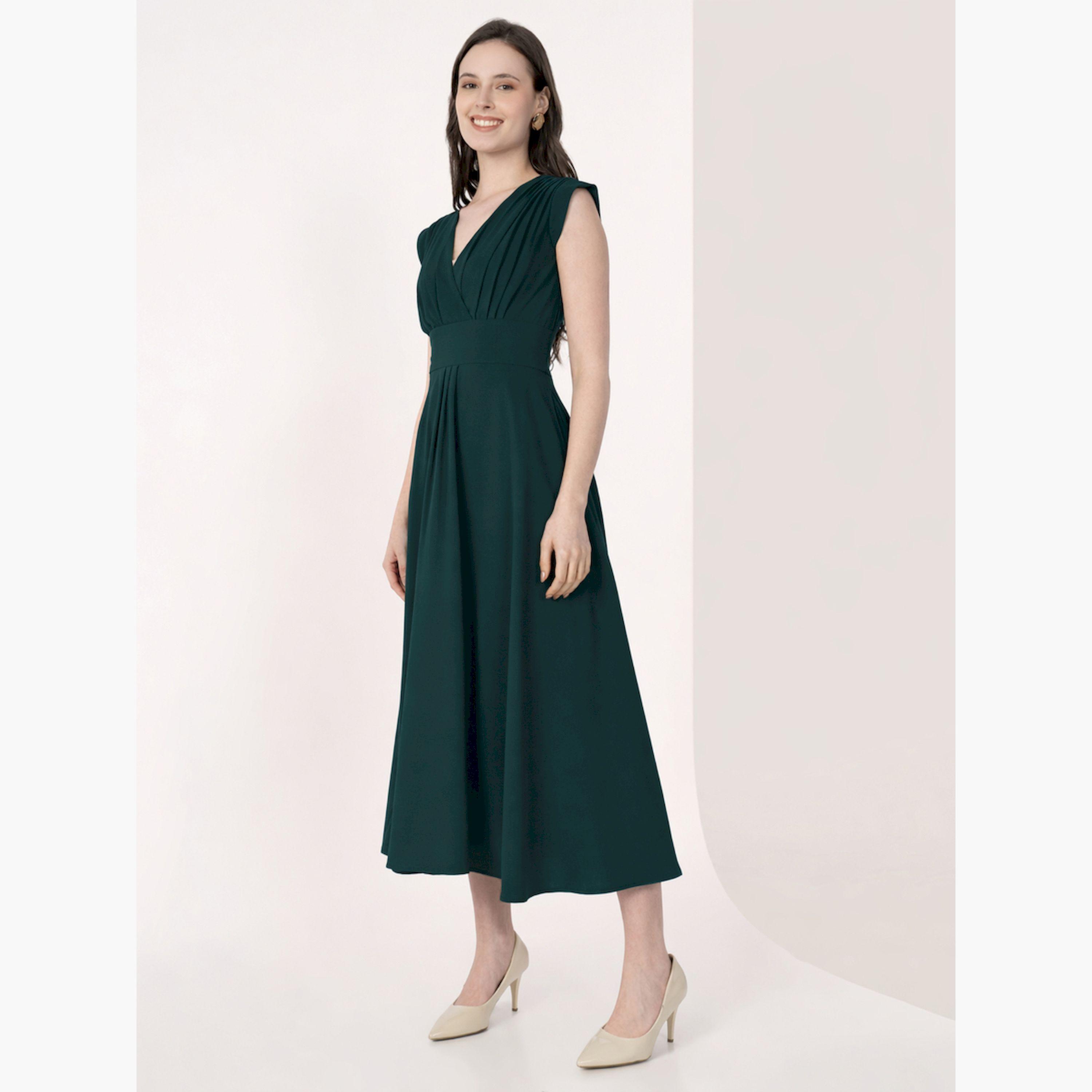 فستان ميدي أخضر بكسرات بلا أكمام وقصة ملفوفة-women-clothing-dresses-image-4