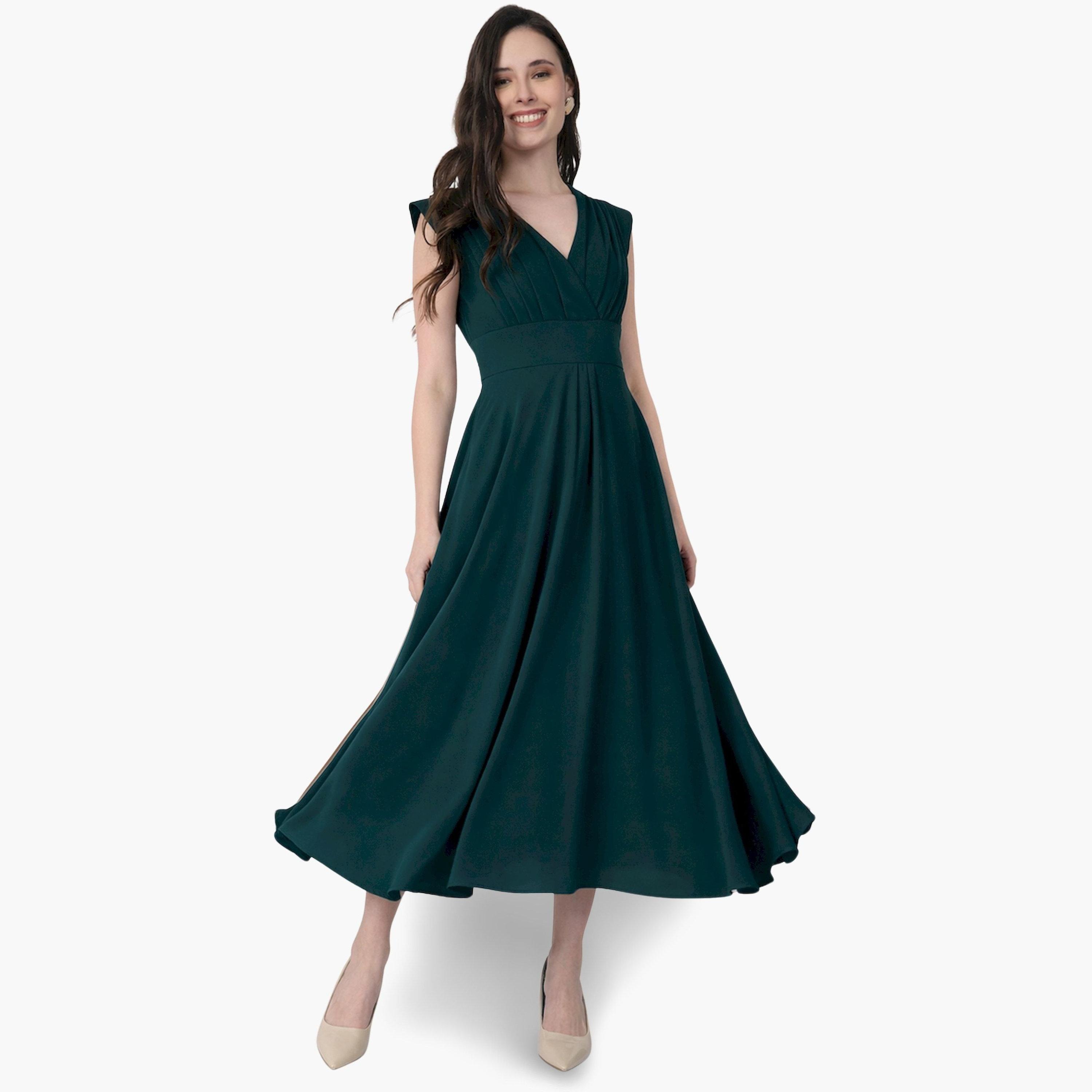 فستان ميدي أخضر بكسرات بلا أكمام وقصة ملفوفة-women-clothing-dresses-image-6