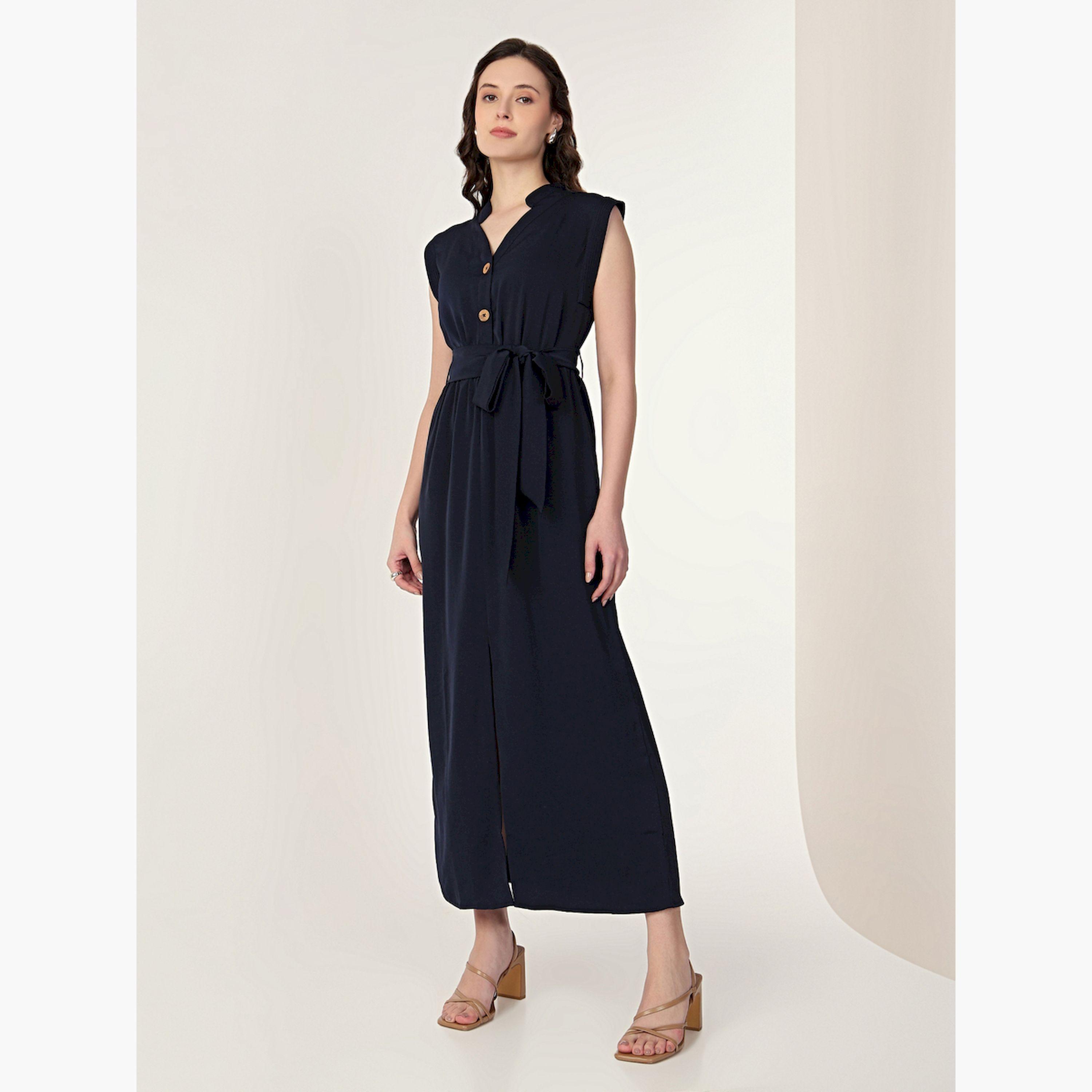 فستان ميدي كحلي بلا أكمام بفتحة أمامية-women-clothing-dresses-image-1