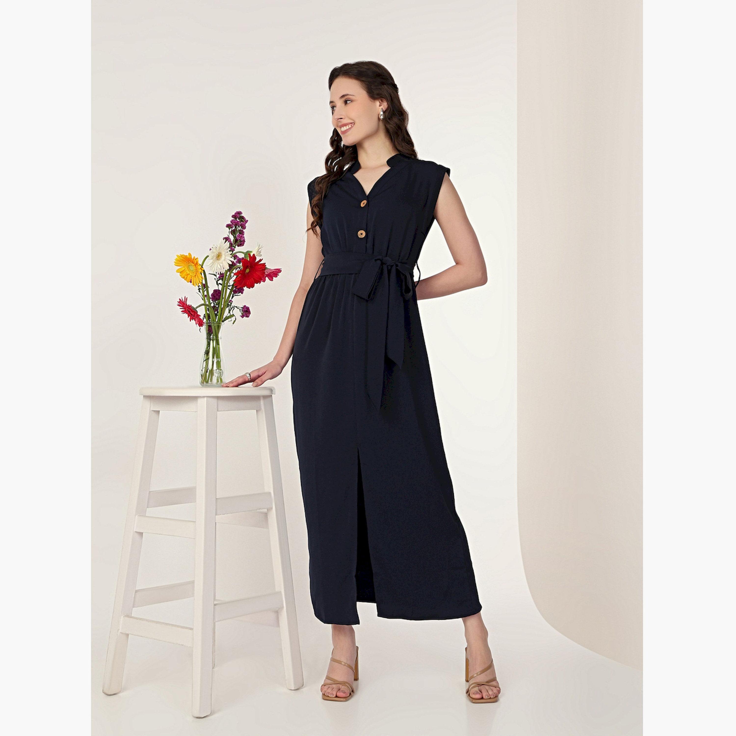 Mish Navy Blue Sleeveless Midi Dress with Front Slit-women-clothing-dresses-image-2