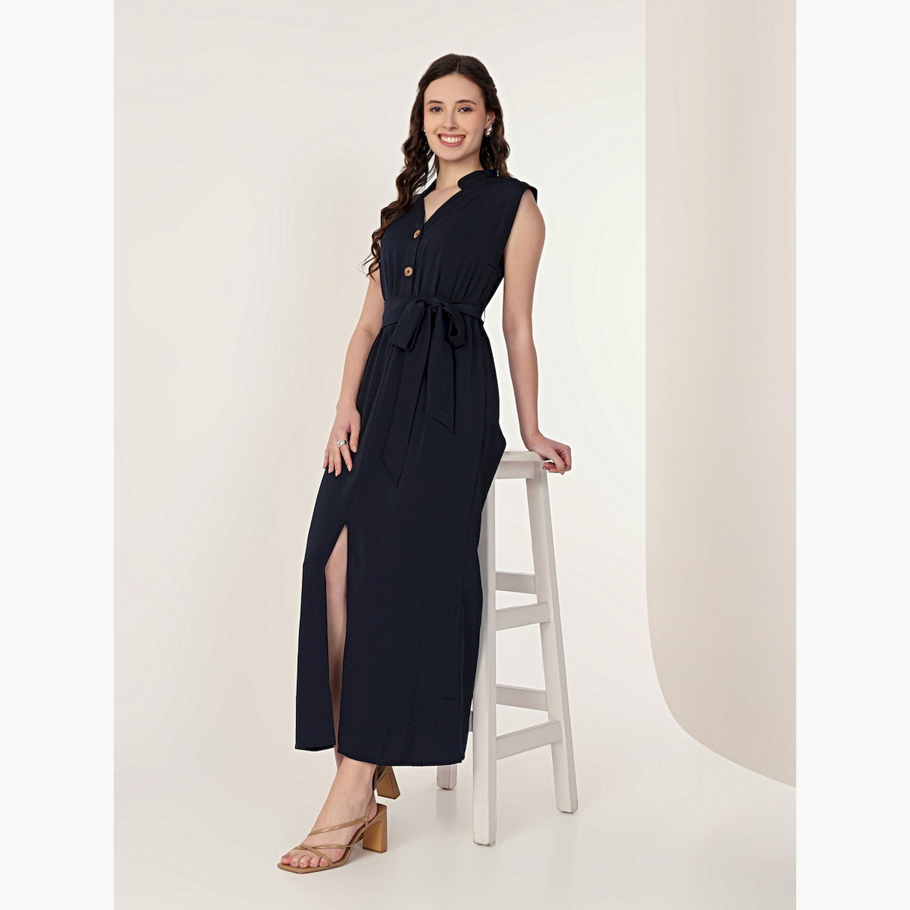 Mish Navy Blue Sleeveless Midi Dress with Front Slit-women-clothing-dresses-image-4