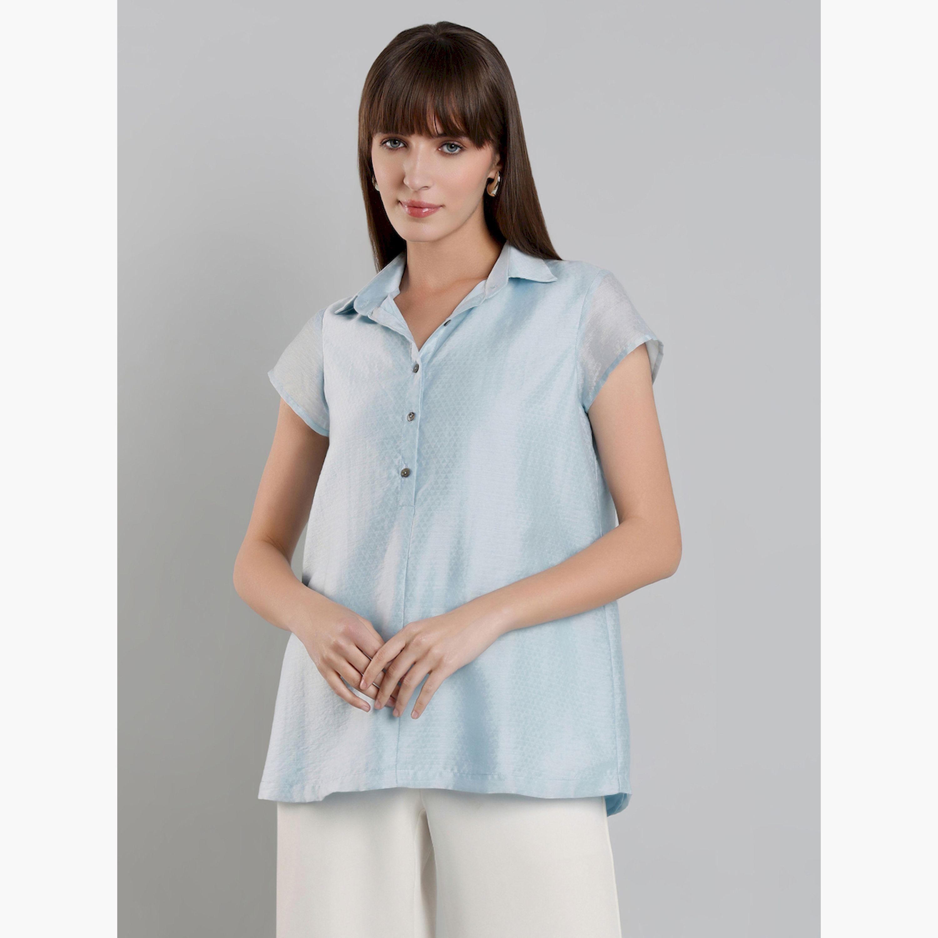 Mish X Styli Blue Short Sleeve Button-Down Top-women-clothing-shirtsandblouses-blouses-image-1