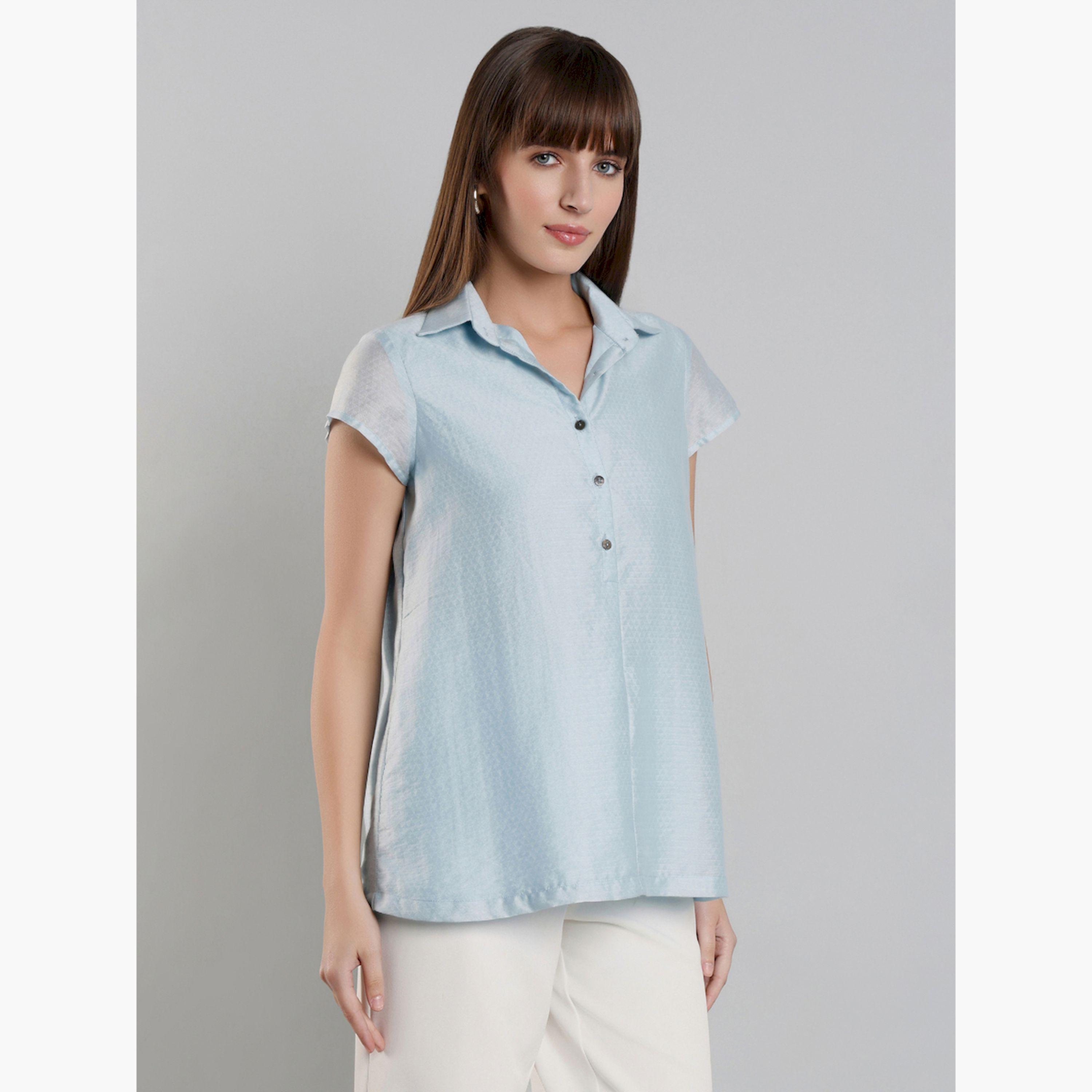 Mish X Styli Blue Short Sleeve Button-Down Top-women-clothing-shirtsandblouses-blouses-image-4