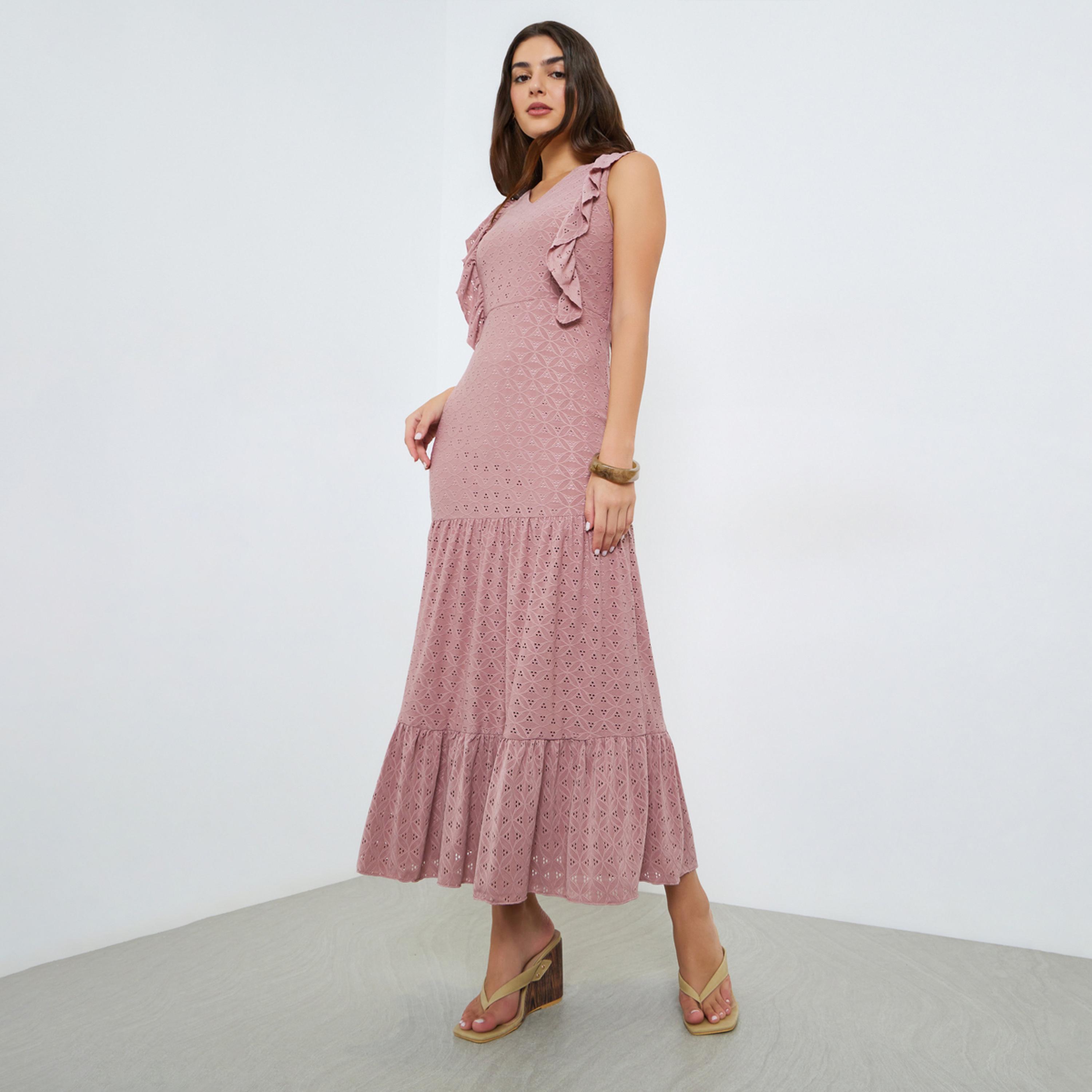 Styli Pink Ruffle Detail Eyelet Tiered Maxi Dress-women-clothing-dresses-image-1