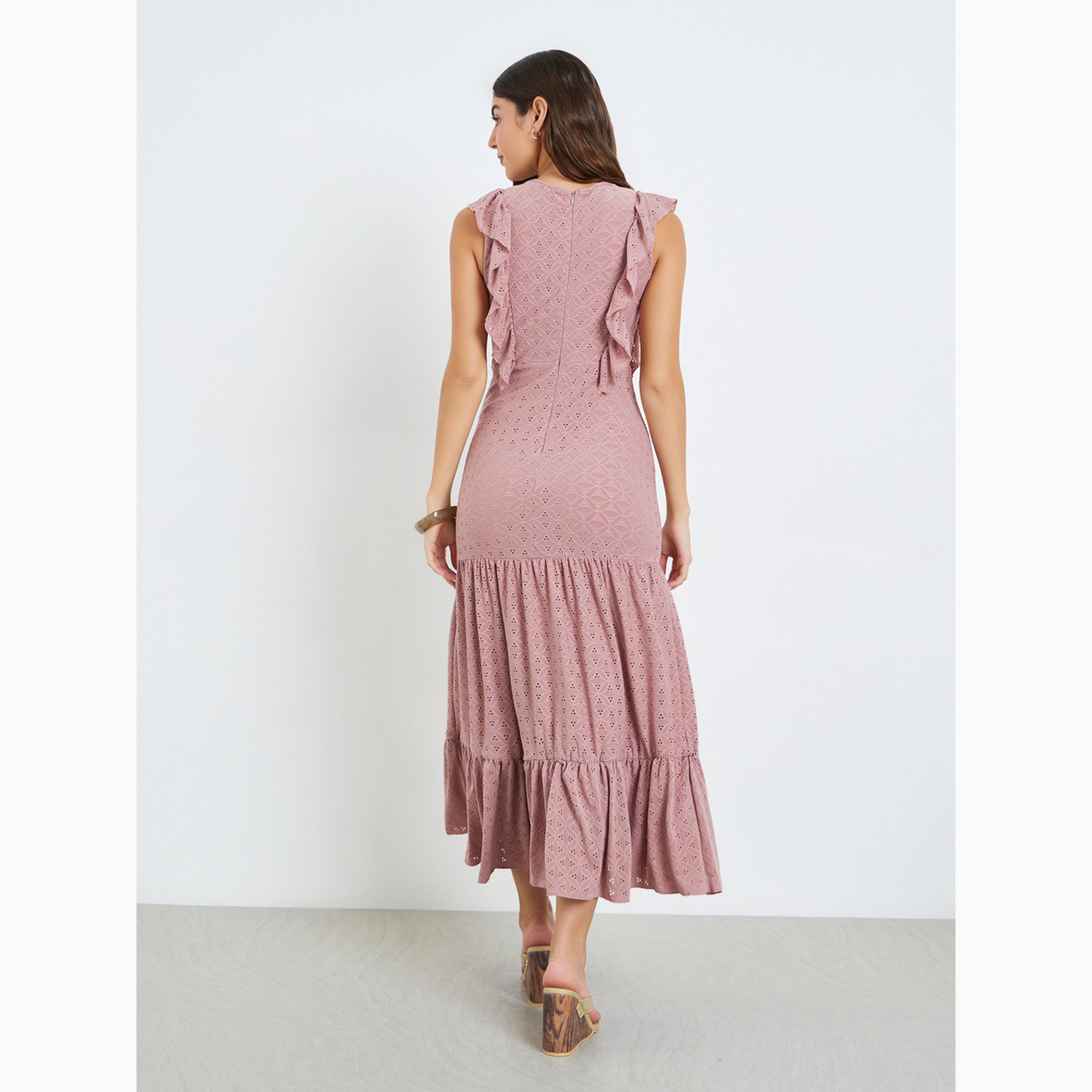 Styli Pink Ruffle Detail Eyelet Tiered Maxi Dress-women-clothing-dresses-image-4