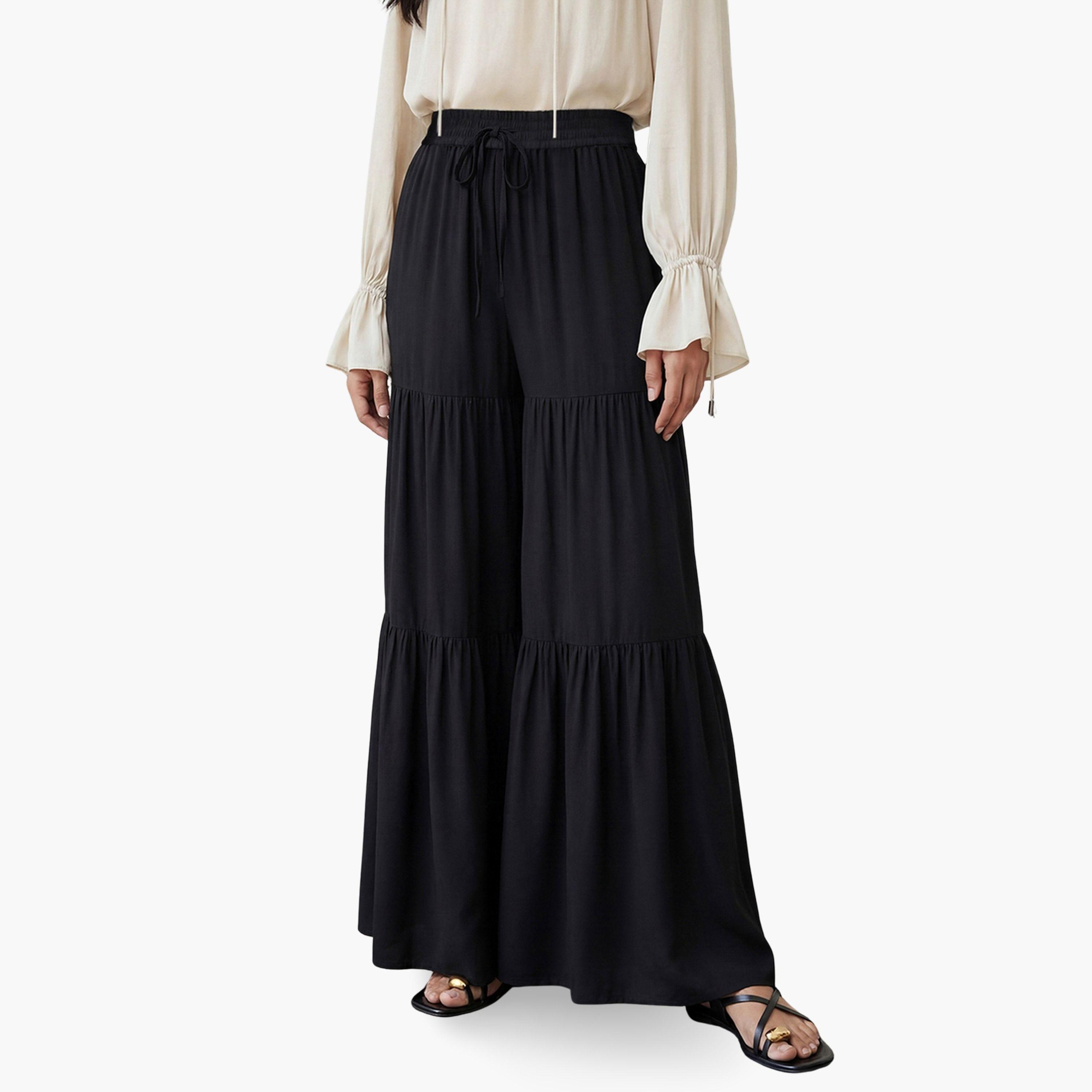 بنطال بالازو أسود متعدد الطبقات بخصر برباط وحافة واسعة-women-clothing-ethnicwear-bottoms-palazzos-image-1