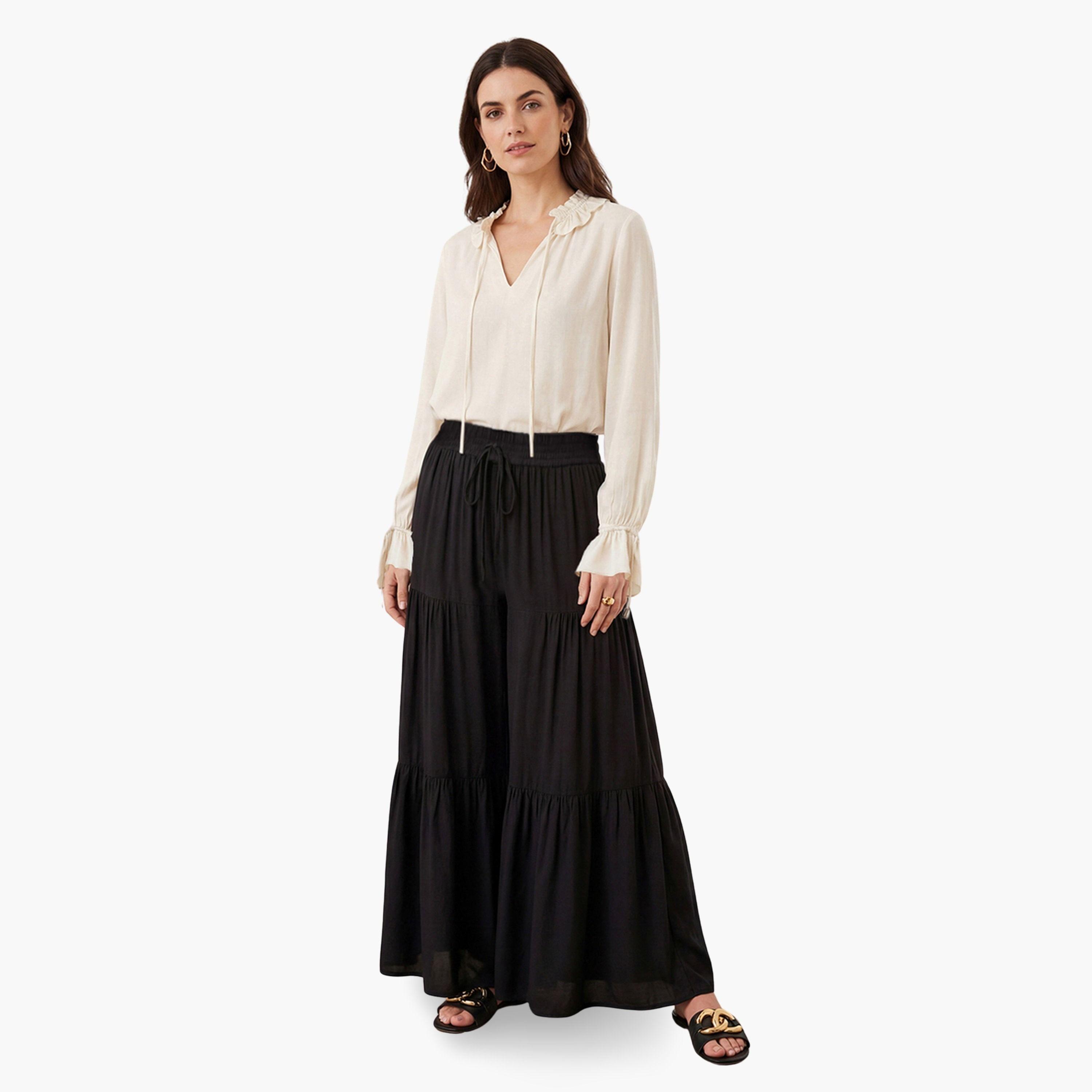 بنطال بالازو أسود متعدد الطبقات بخصر برباط وحافة واسعة-women-clothing-ethnicwear-bottoms-palazzos-image-2