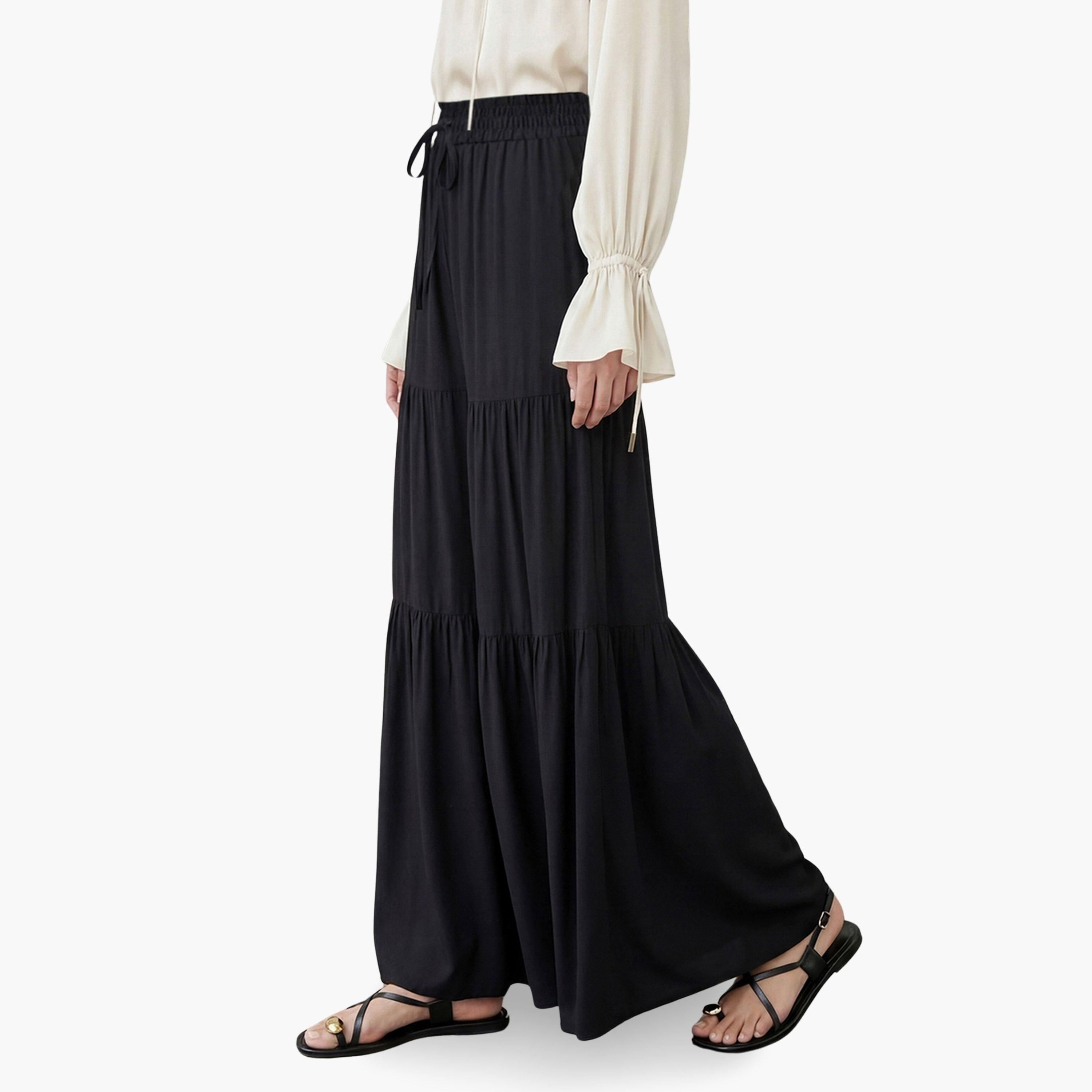 بنطال بالازو أسود متعدد الطبقات بخصر برباط وحافة واسعة-women-clothing-ethnicwear-bottoms-palazzos-image-3
