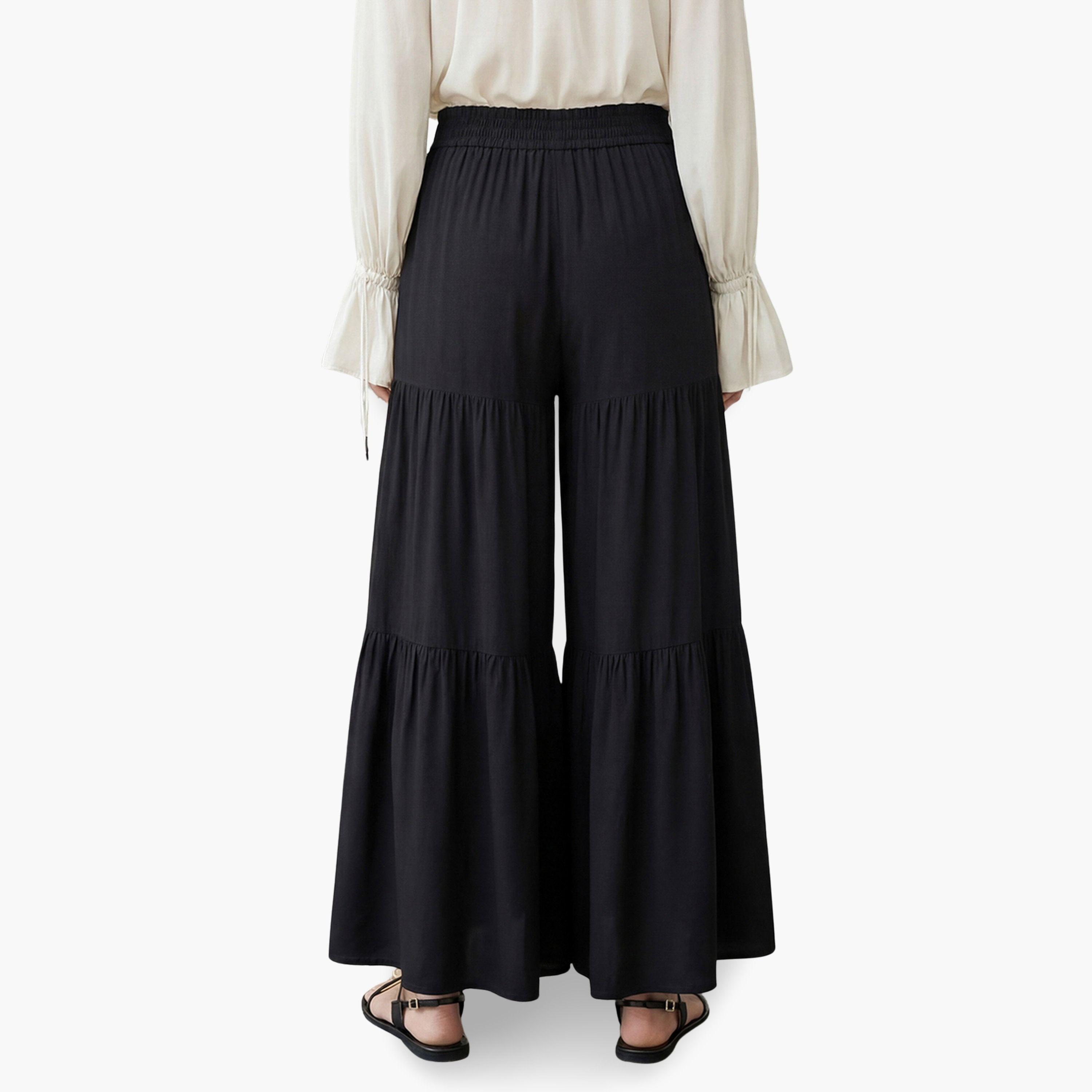 بنطال بالازو أسود متعدد الطبقات بخصر برباط وحافة واسعة-women-clothing-ethnicwear-bottoms-palazzos-image-4