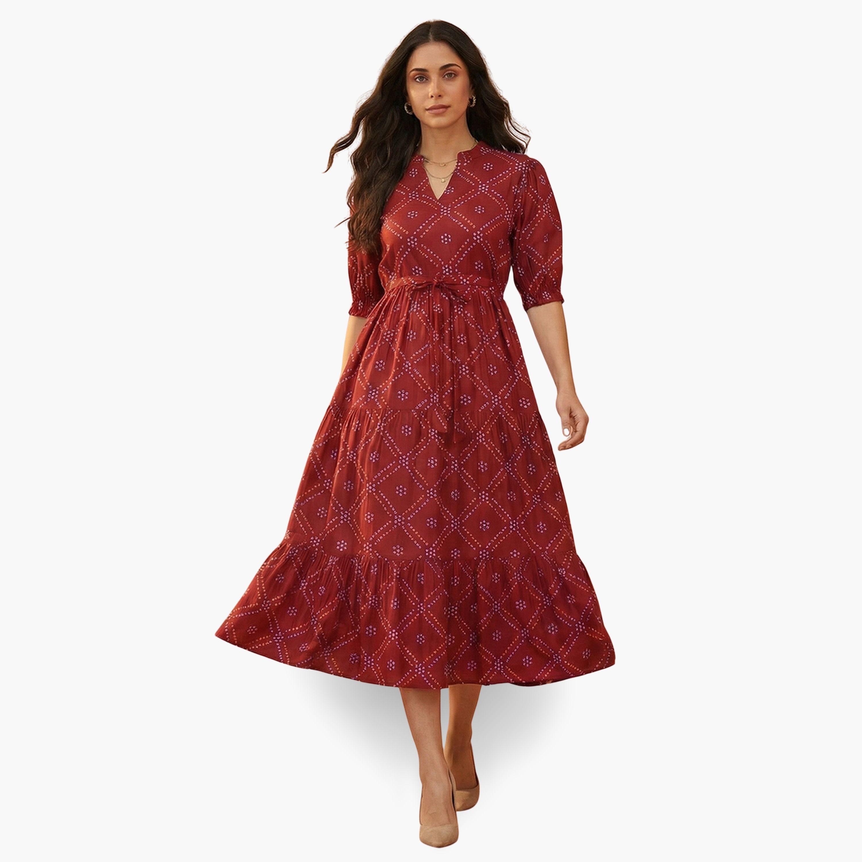 فستان ميدي أحمر متعدد الطبقات بطبعة بانداني-women-clothing-dresses-image-1