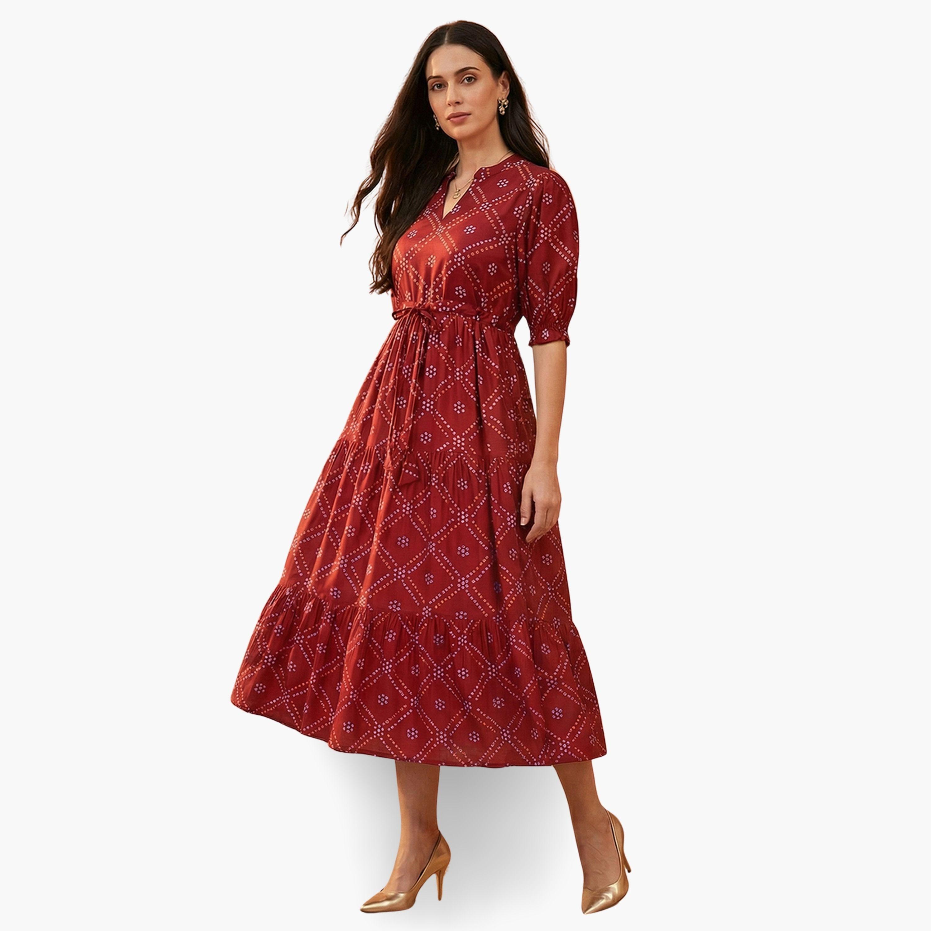 فستان ميدي أحمر متعدد الطبقات بطبعة بانداني-women-clothing-dresses-image-2