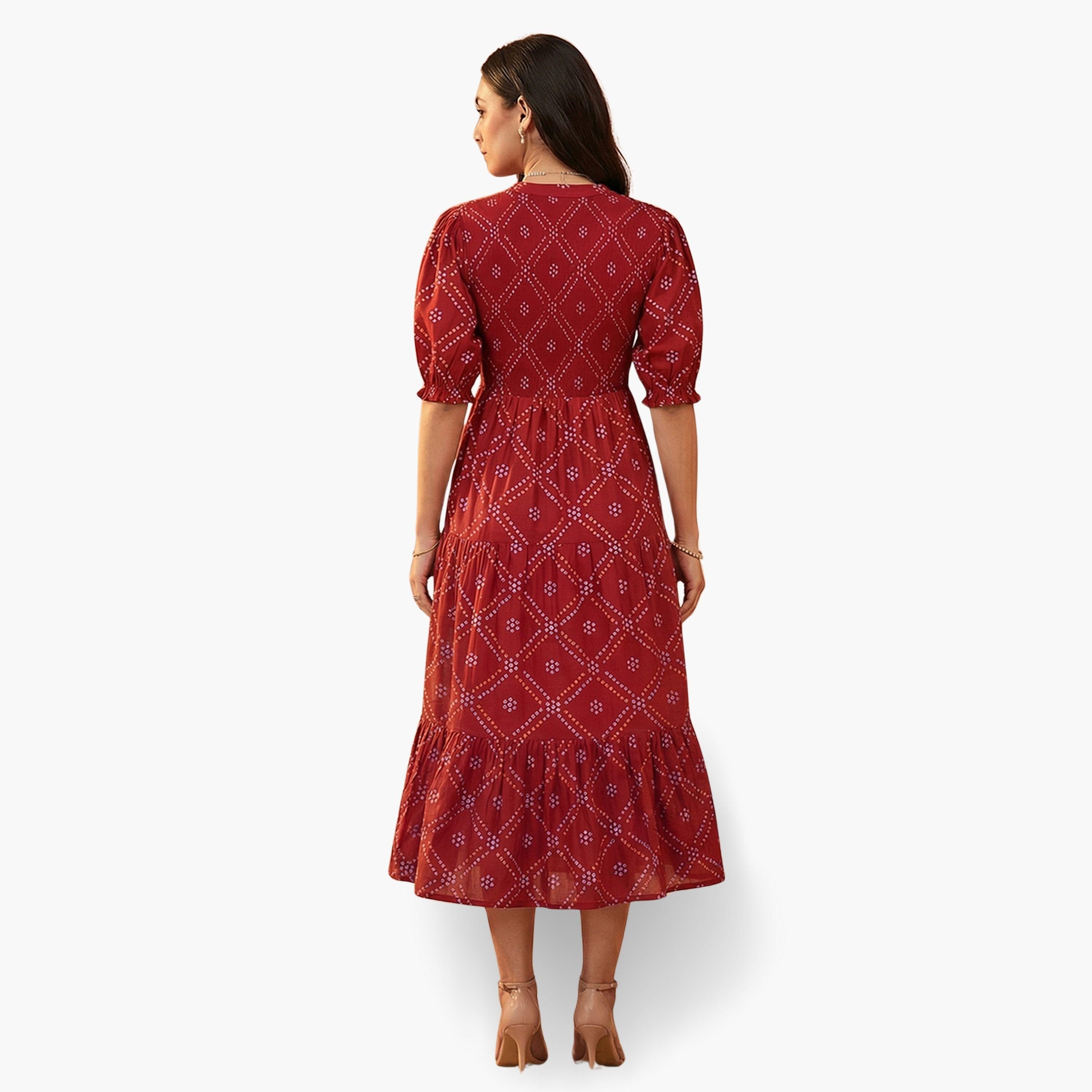 فستان ميدي أحمر متعدد الطبقات بطبعة بانداني-women-clothing-dresses-image-3