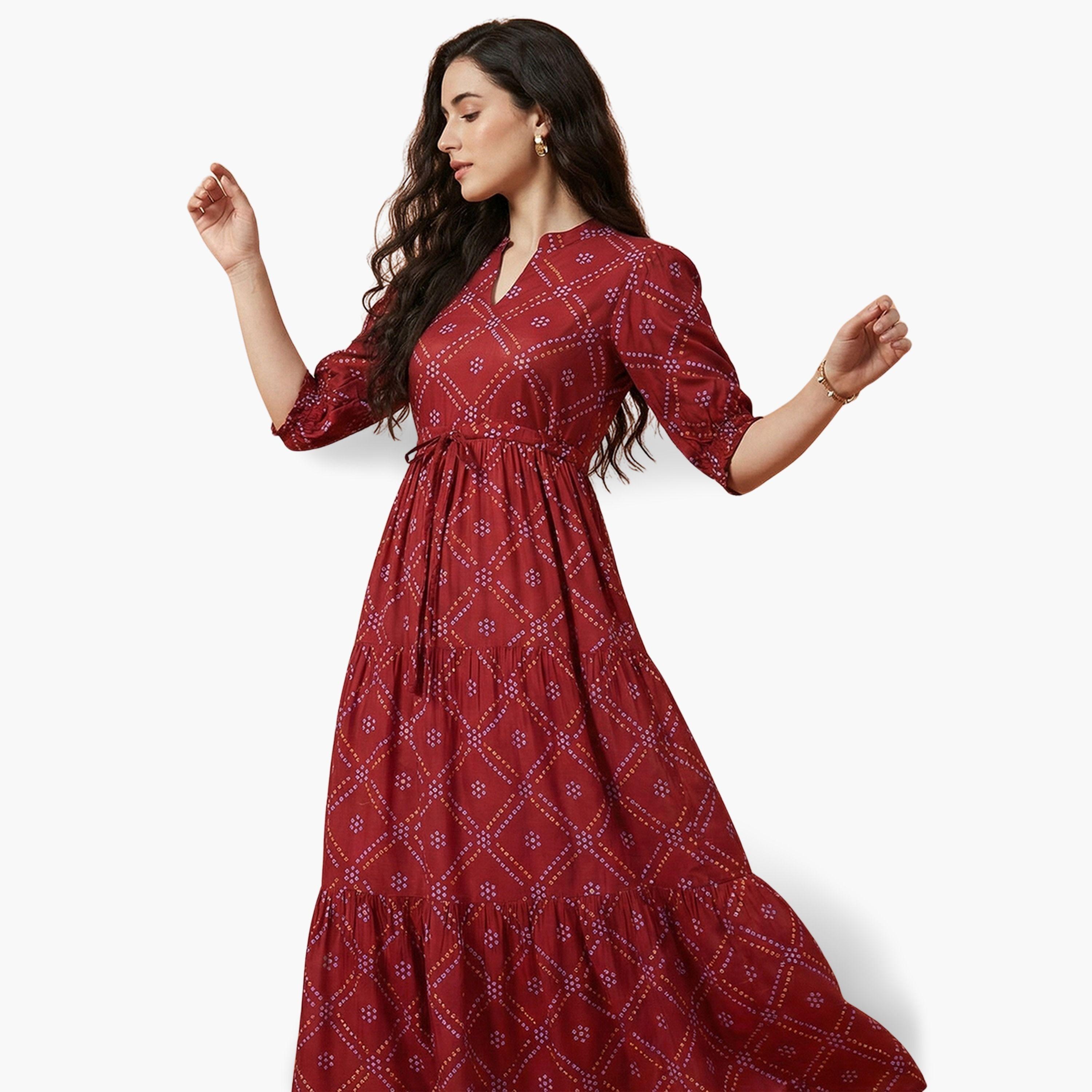 فستان ميدي أحمر متعدد الطبقات بطبعة بانداني-women-clothing-dresses-image-4